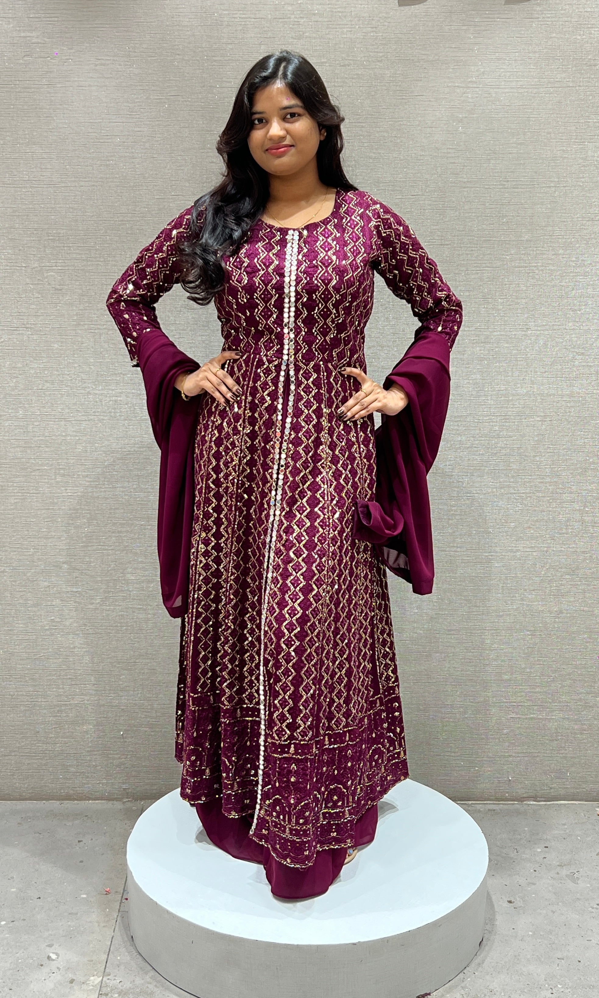 Wine front slit Anarkali with palazzo pants