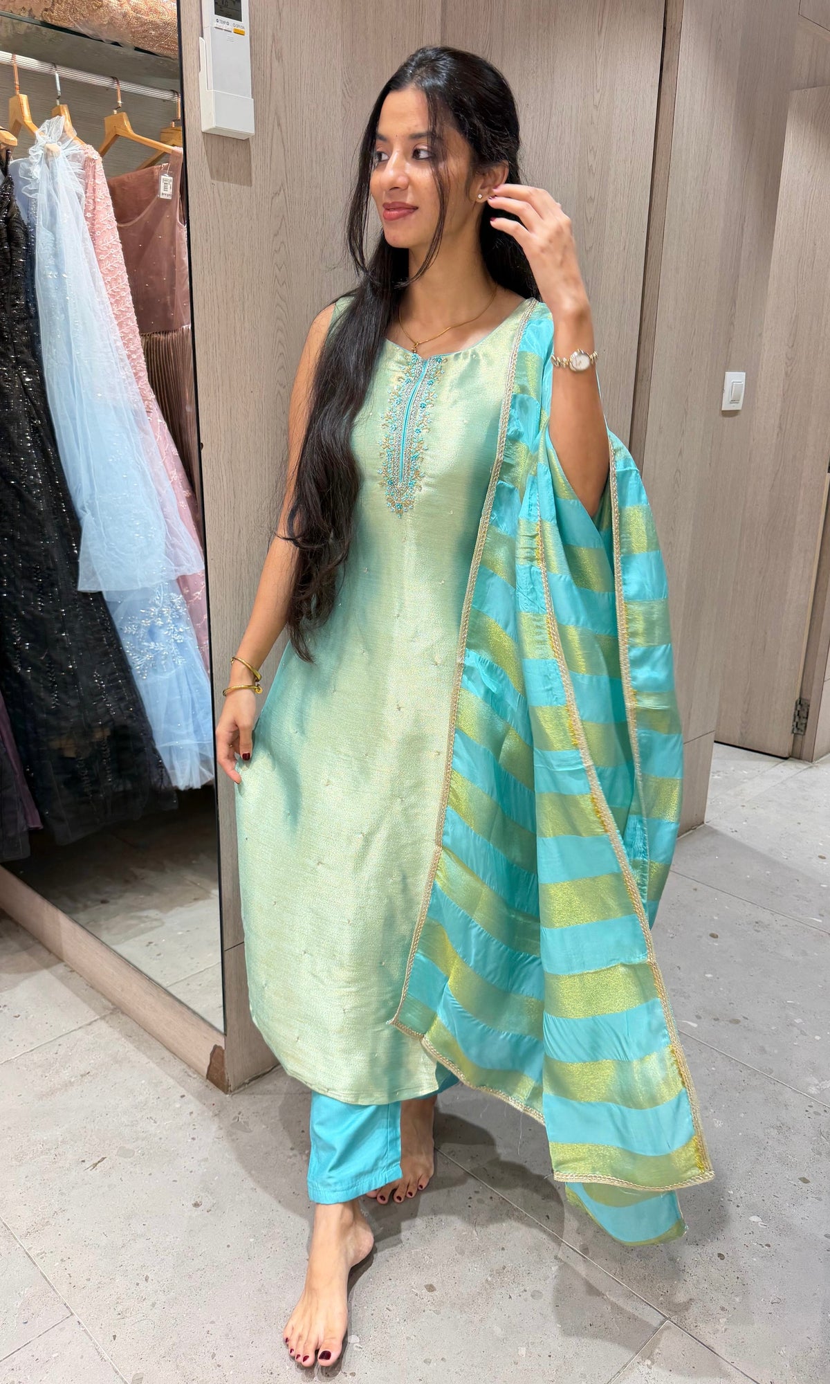 Sea Blue Banarasi silk Kurta Set with Patterned Dupatta