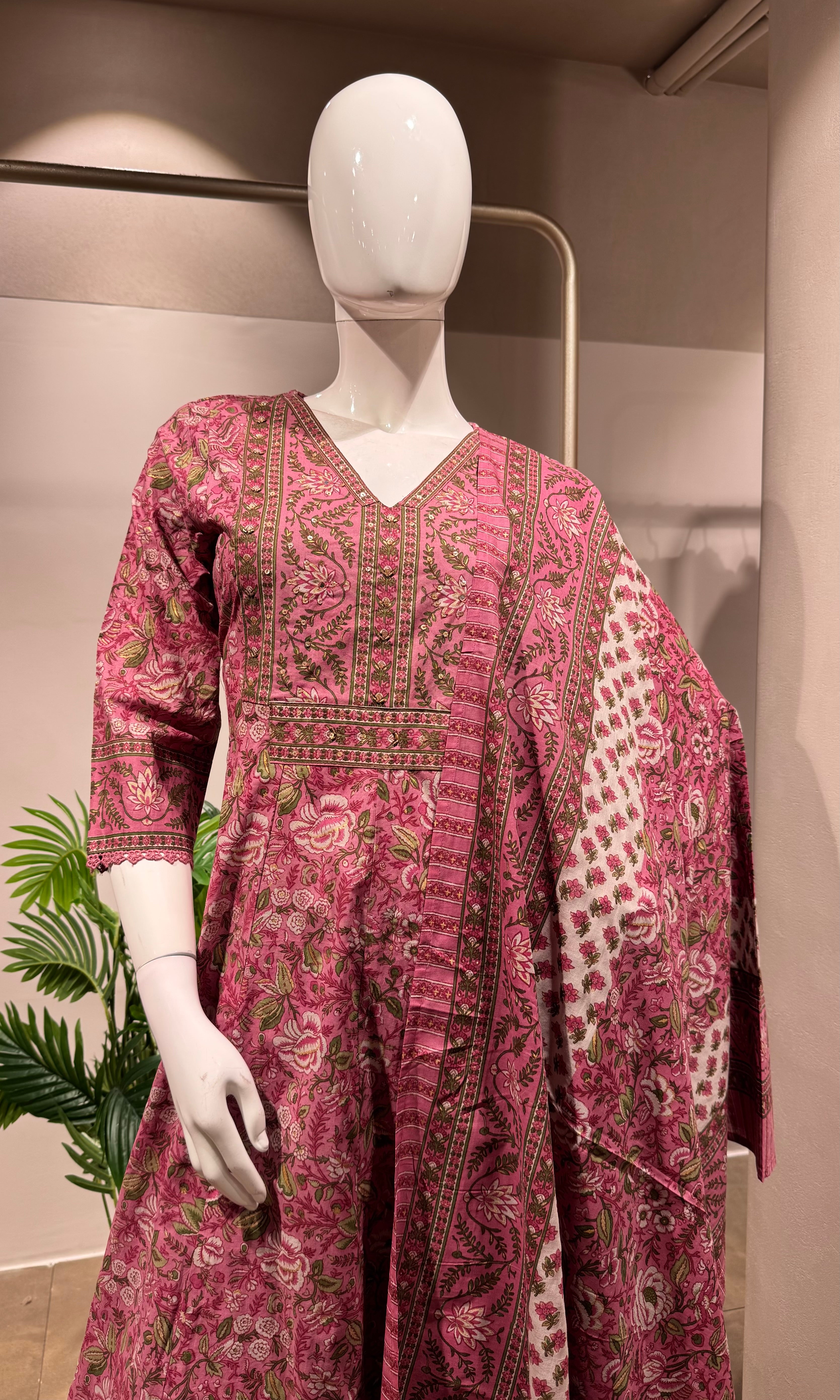 PINK Printed Pure Cotton Anarkali Kurta Set