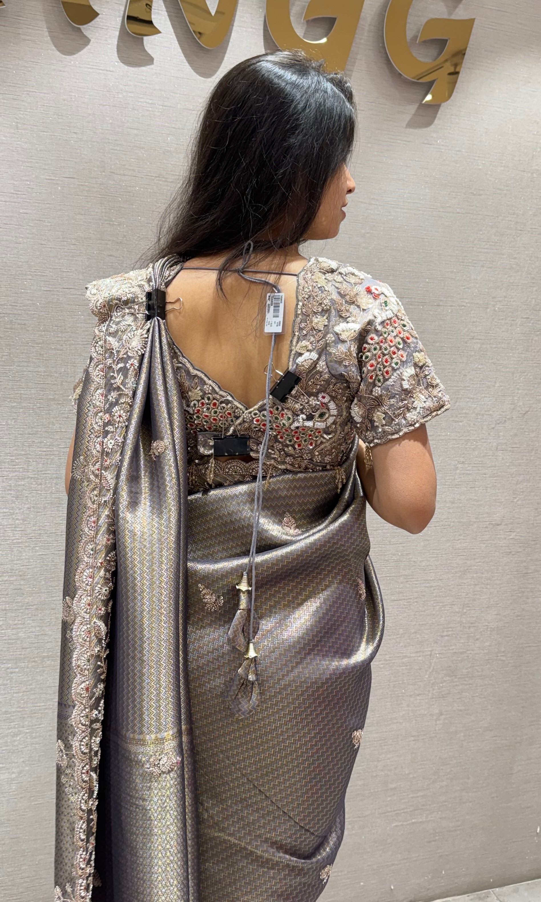Grey FLORAL saree WITH READY BLOUSE