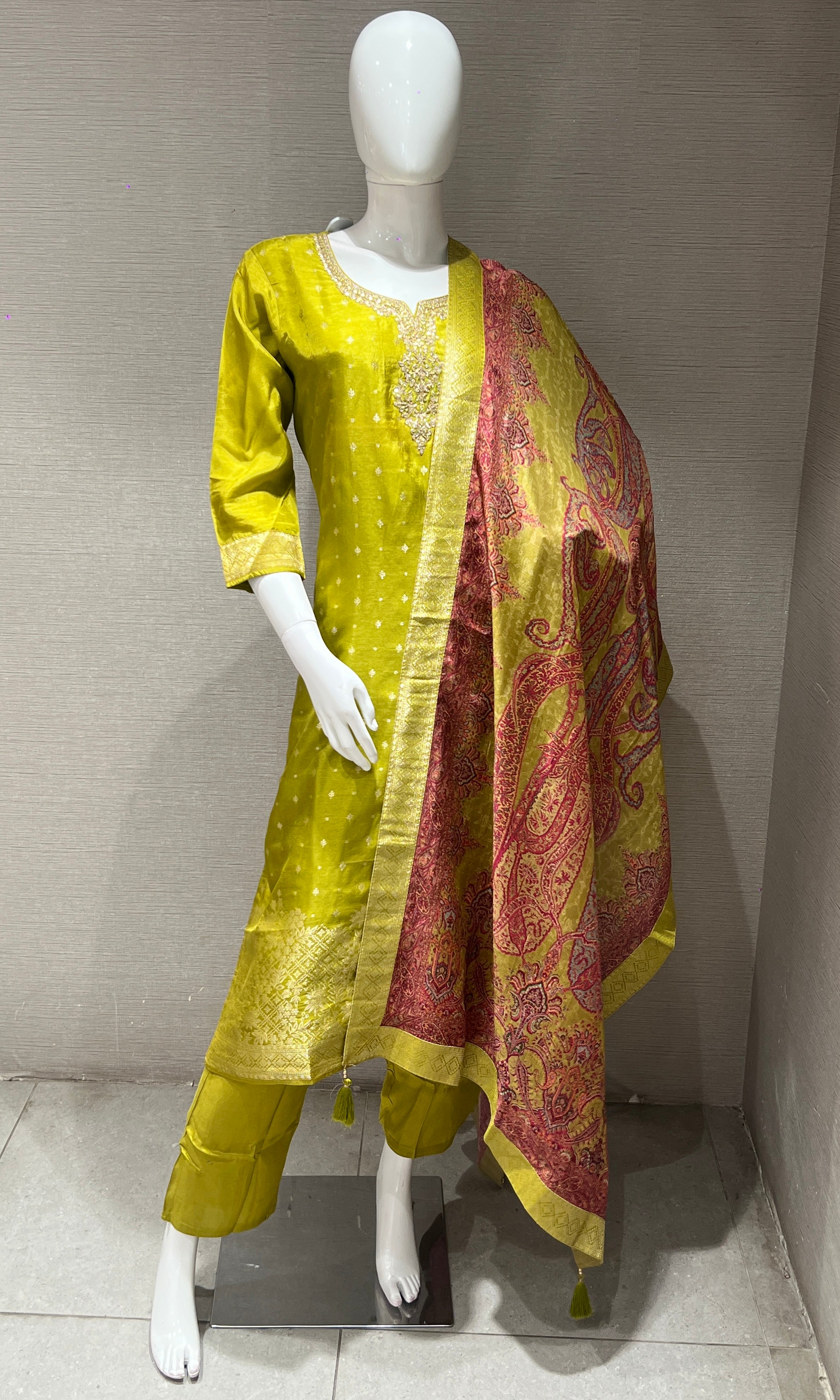 Lime Yellow Kurta Set with Contrast Dupatta
