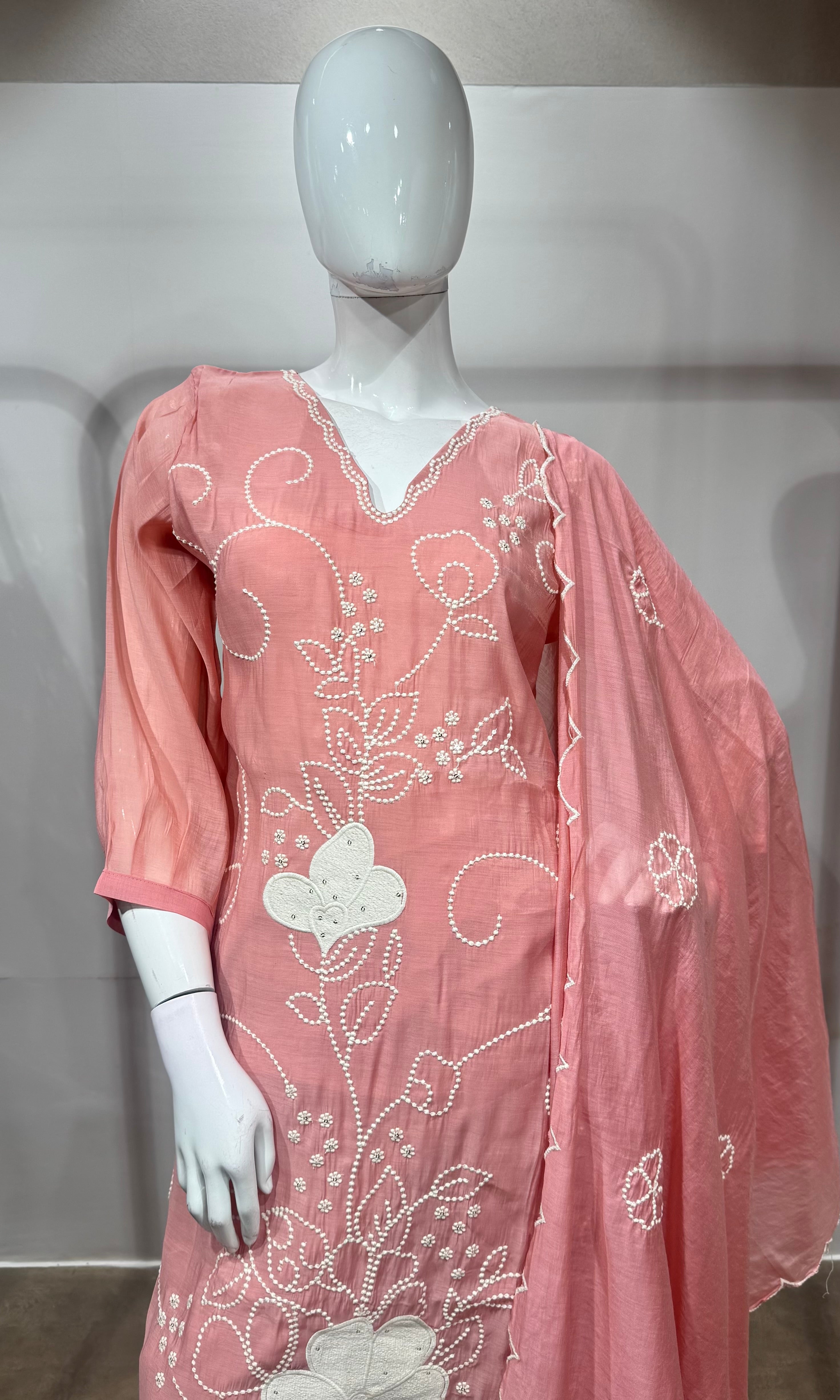 Baby Pink Cotton silk Floral Kurta set with dupatta