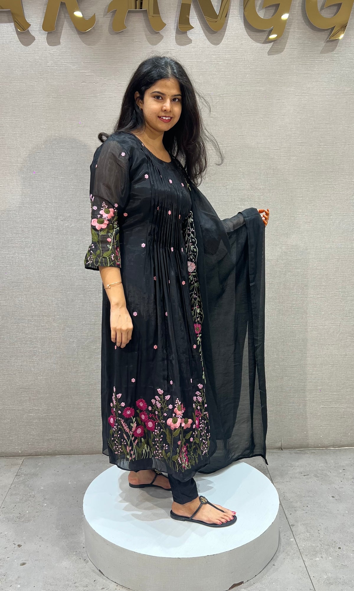 Black mul chanderi floral embroidery kurta set with dupatta