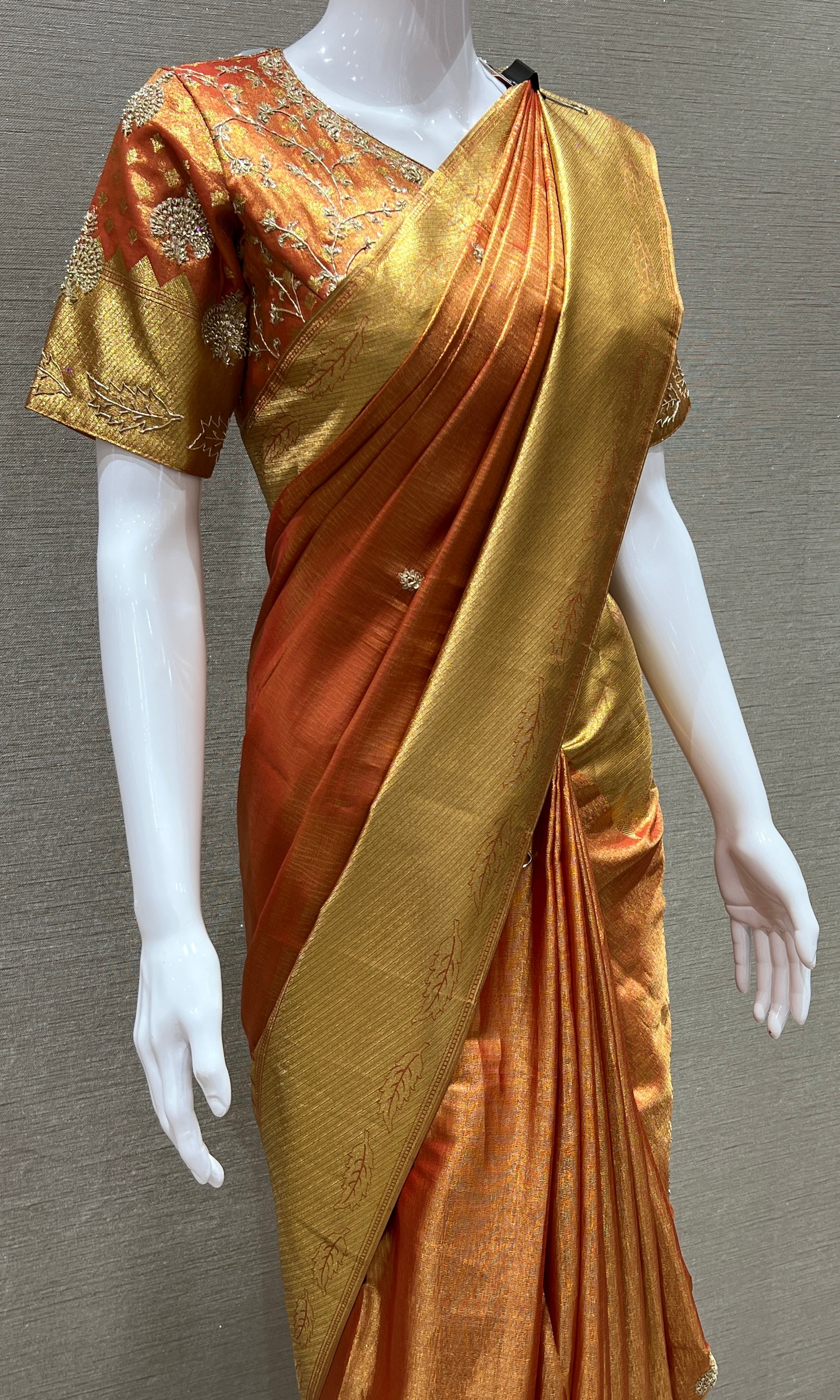 Orange and gold saree with ready blouse