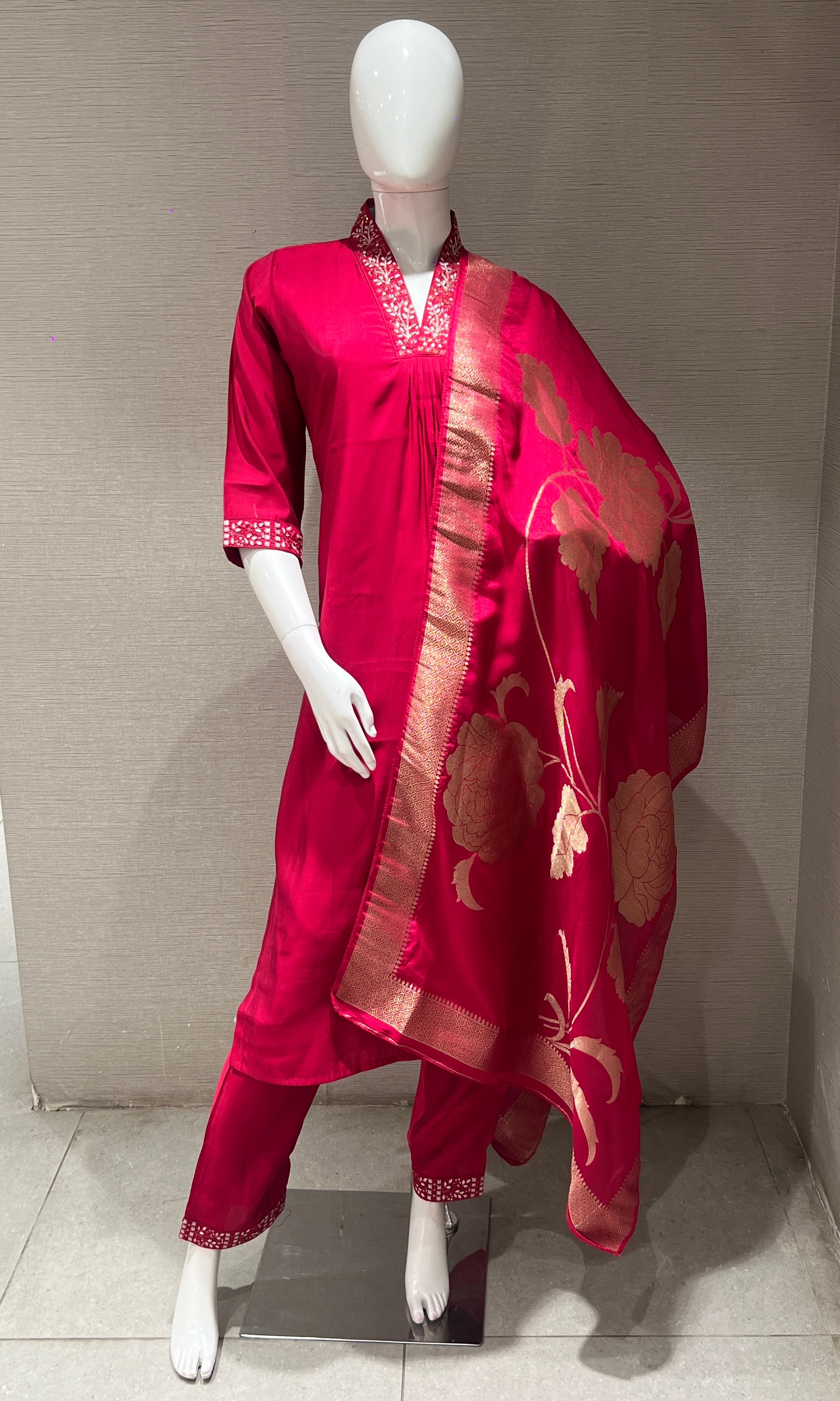 Rani Pink Kurta Set with Gold Dupatta