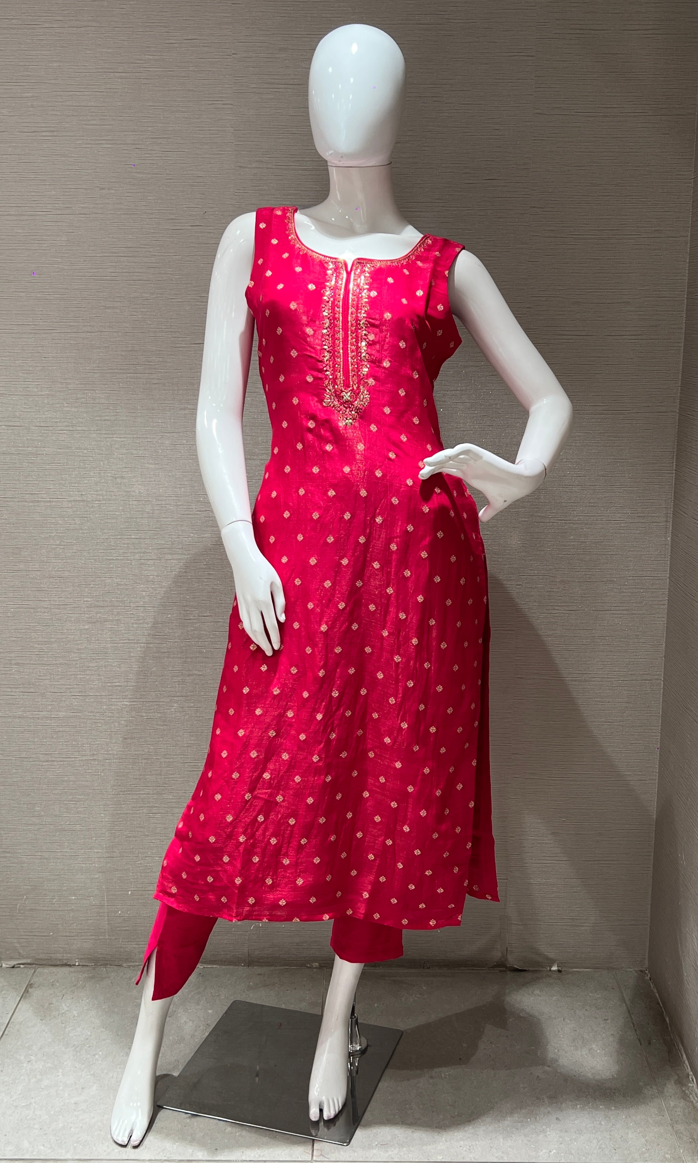 Rani Pink shimmer silk embroidered kurta set