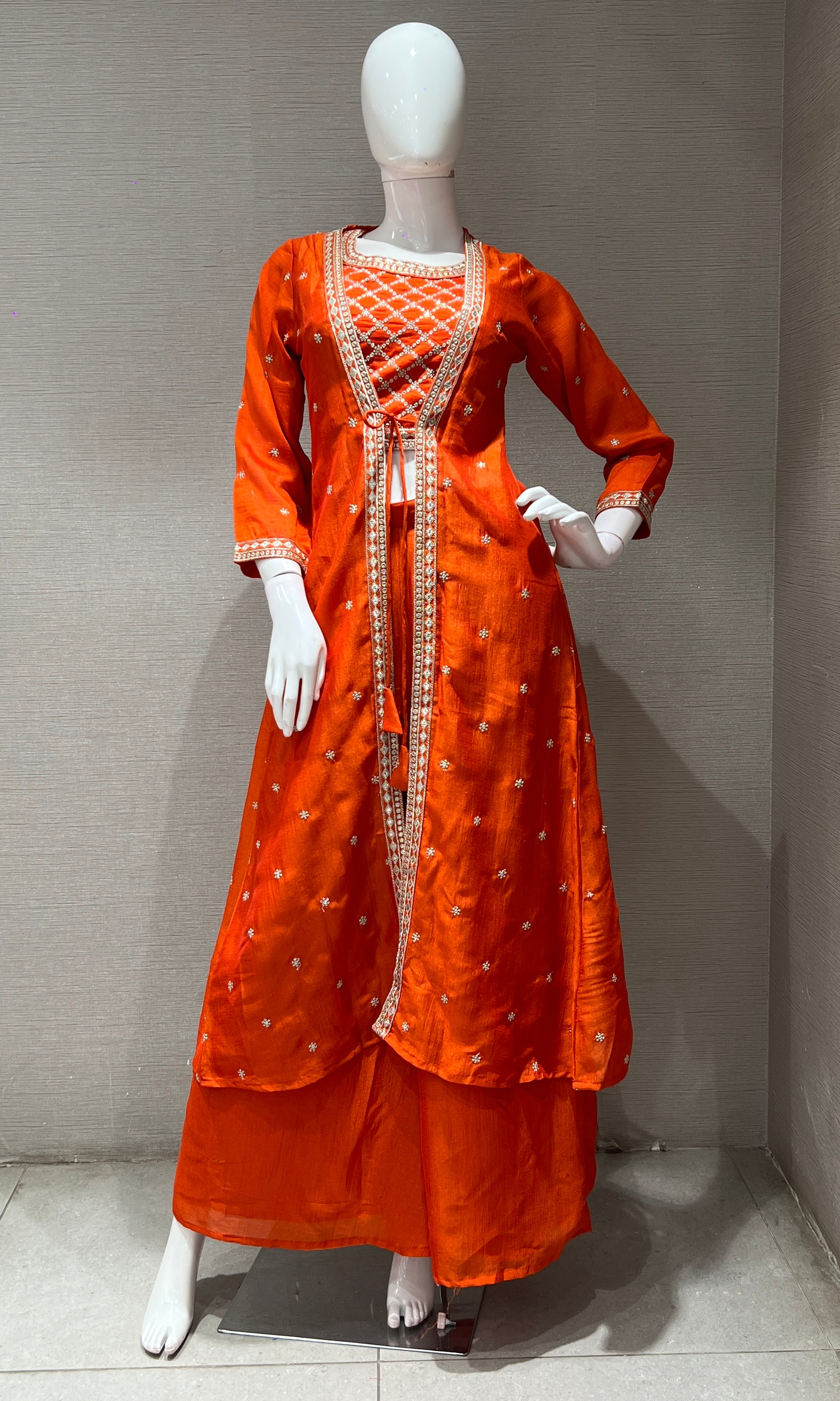 Orange EMBROIDERED JACKET STYLE PALAZOO SET
