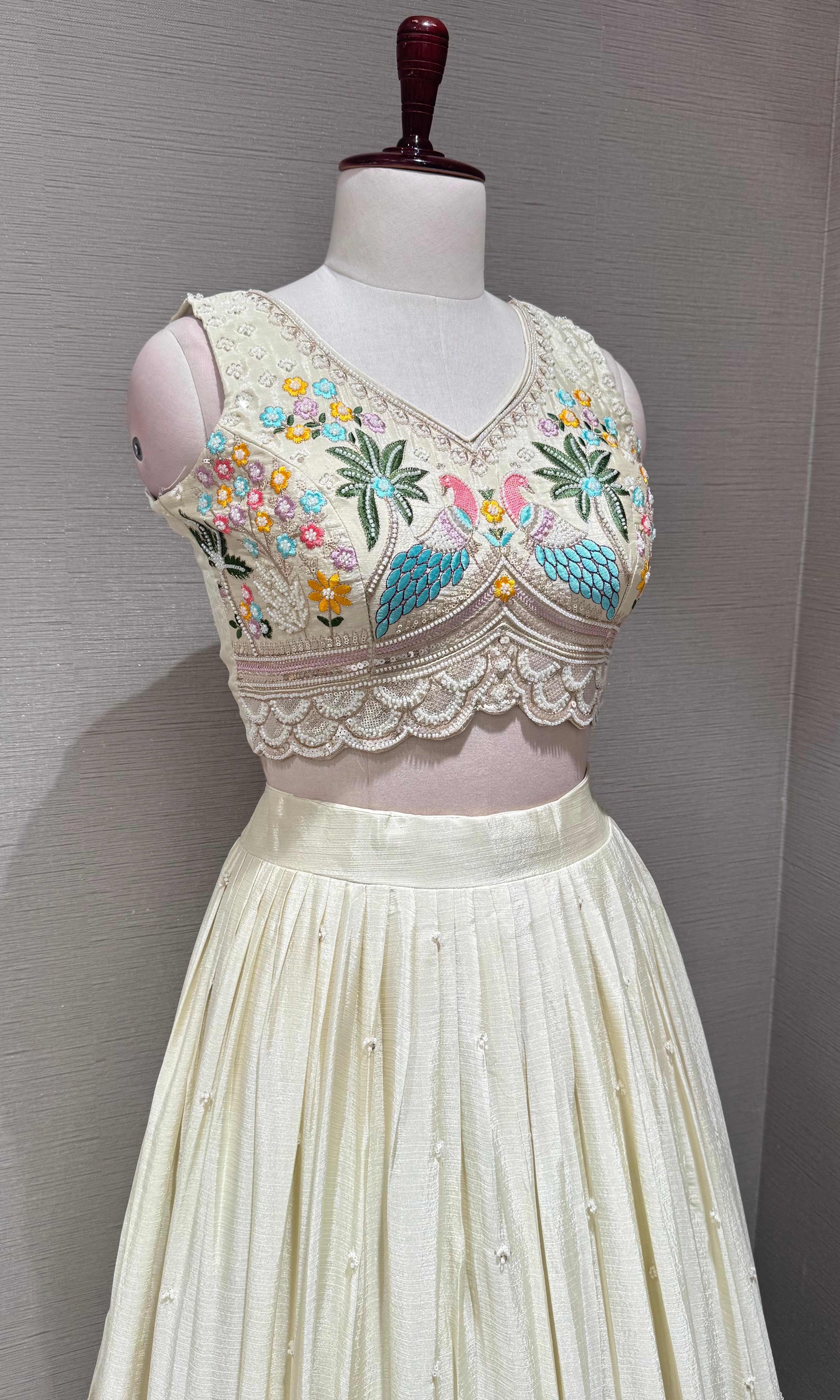 Cream Tissue silk Lehenga with Peacock & Floral Embroidery