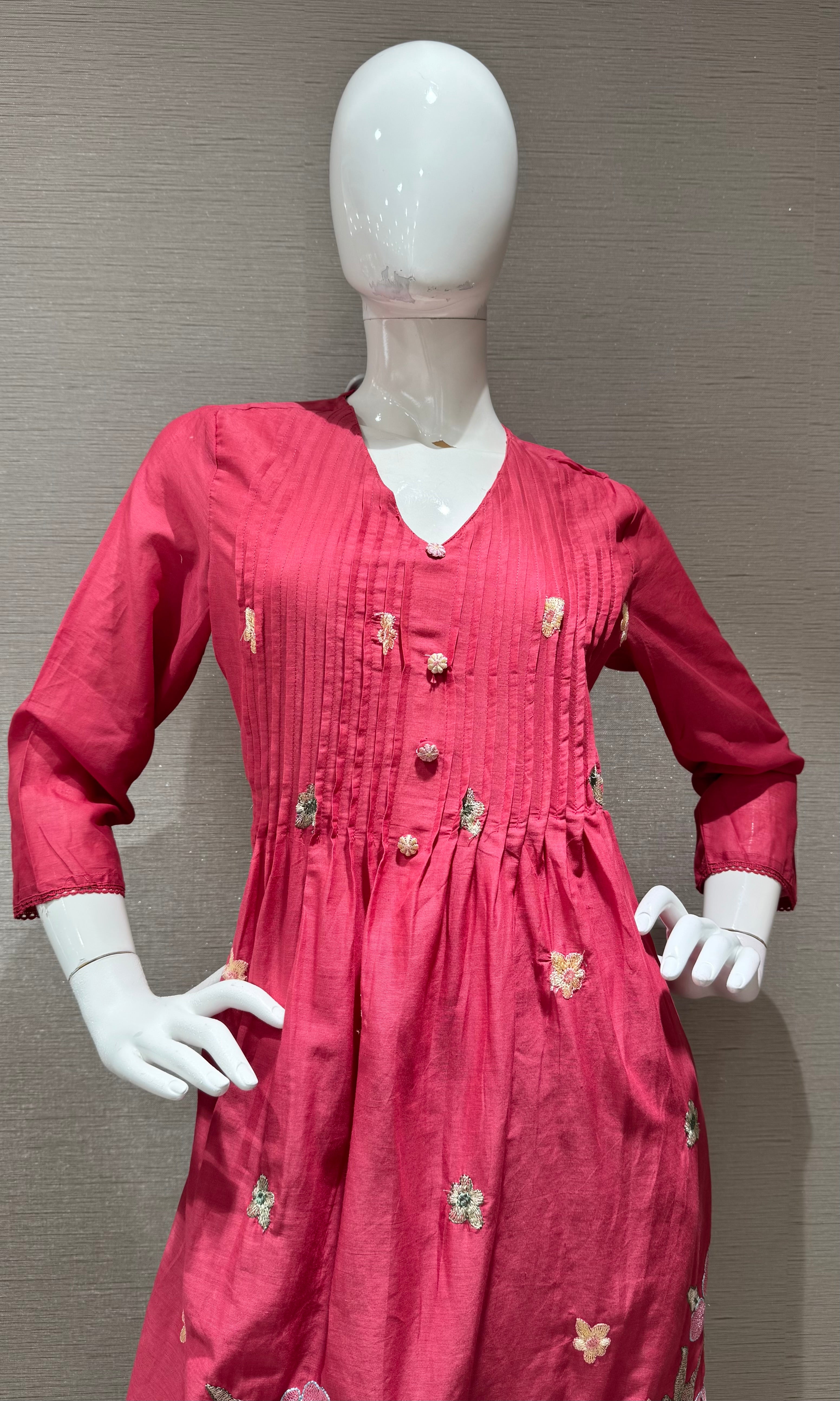 Pink Floral Silk Chanderi kurta Set