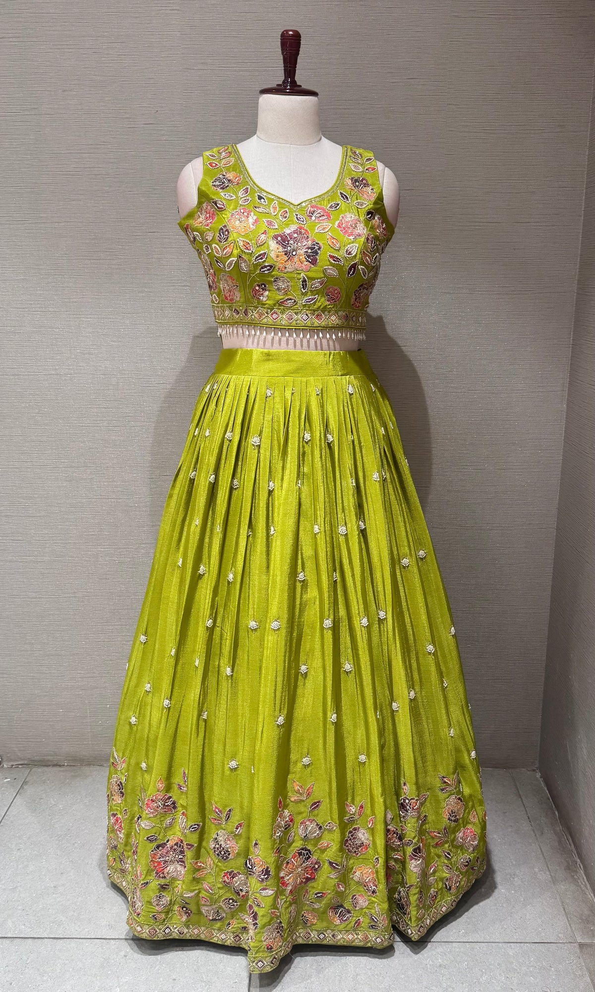 Green Tissue silk Multi Floral Crop Top Lehenga set