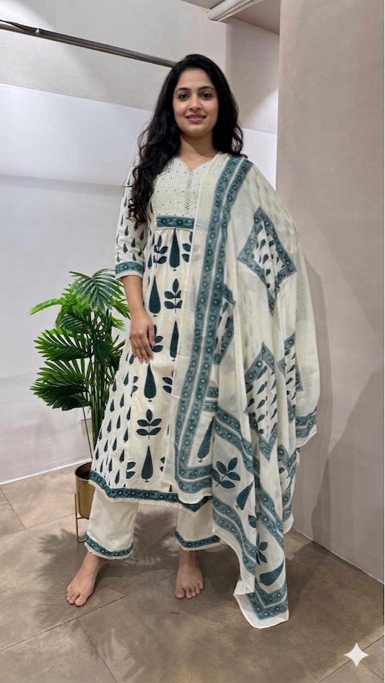 GREEN and white ethnic printed anarkali kurta set