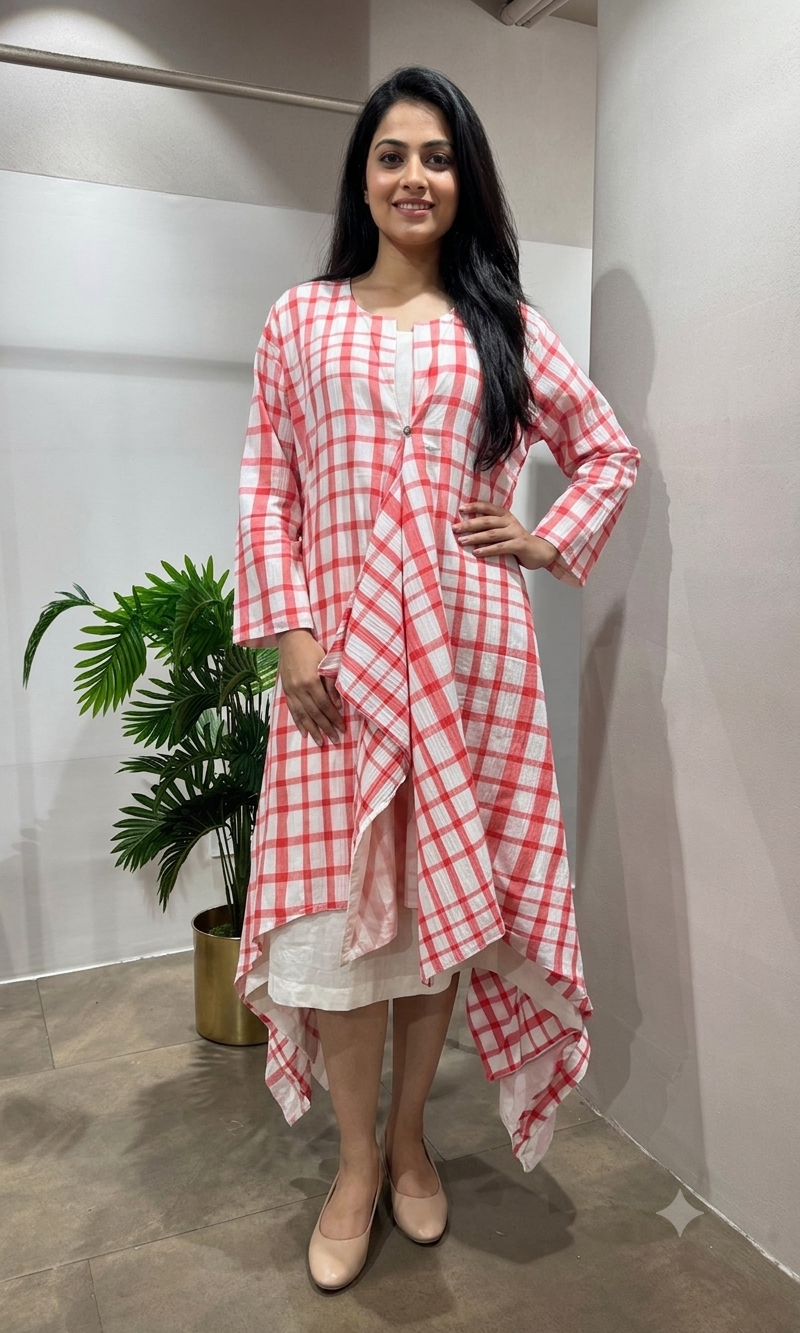 CRE RED AND WHITE Cotton Check DRESS
