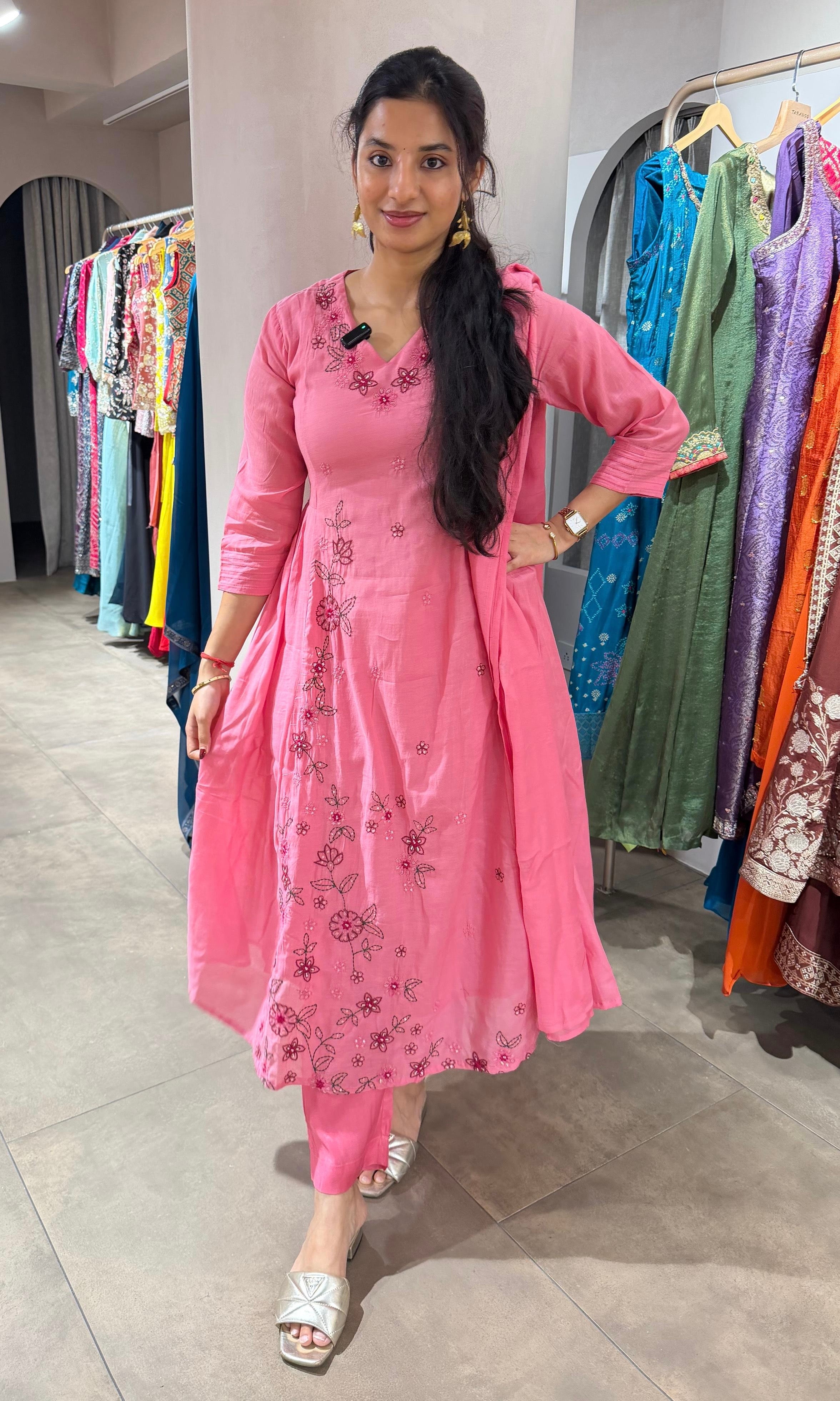 BABY PINK FLORAL MUL CHANDERI KURTA SET