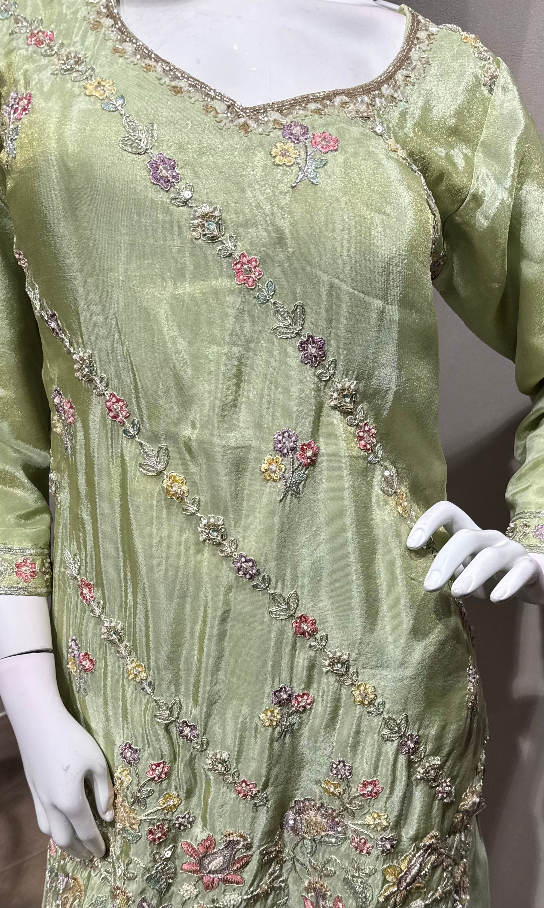 Pista Green Embroidered Shimmer silk Sharara Set