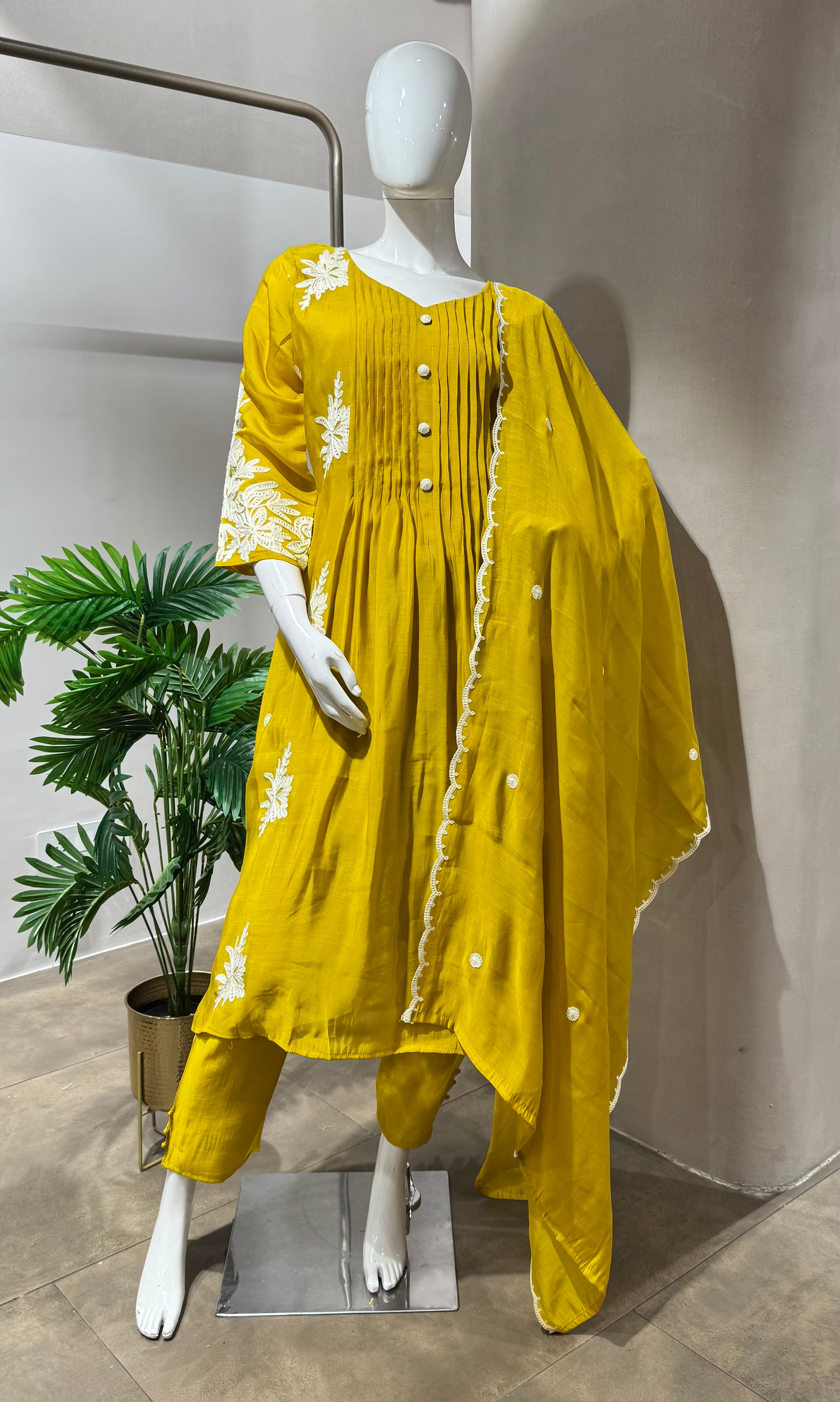 MUSTARD FLORAL EMBROIDERY MUL CHANDERI KURTA SET