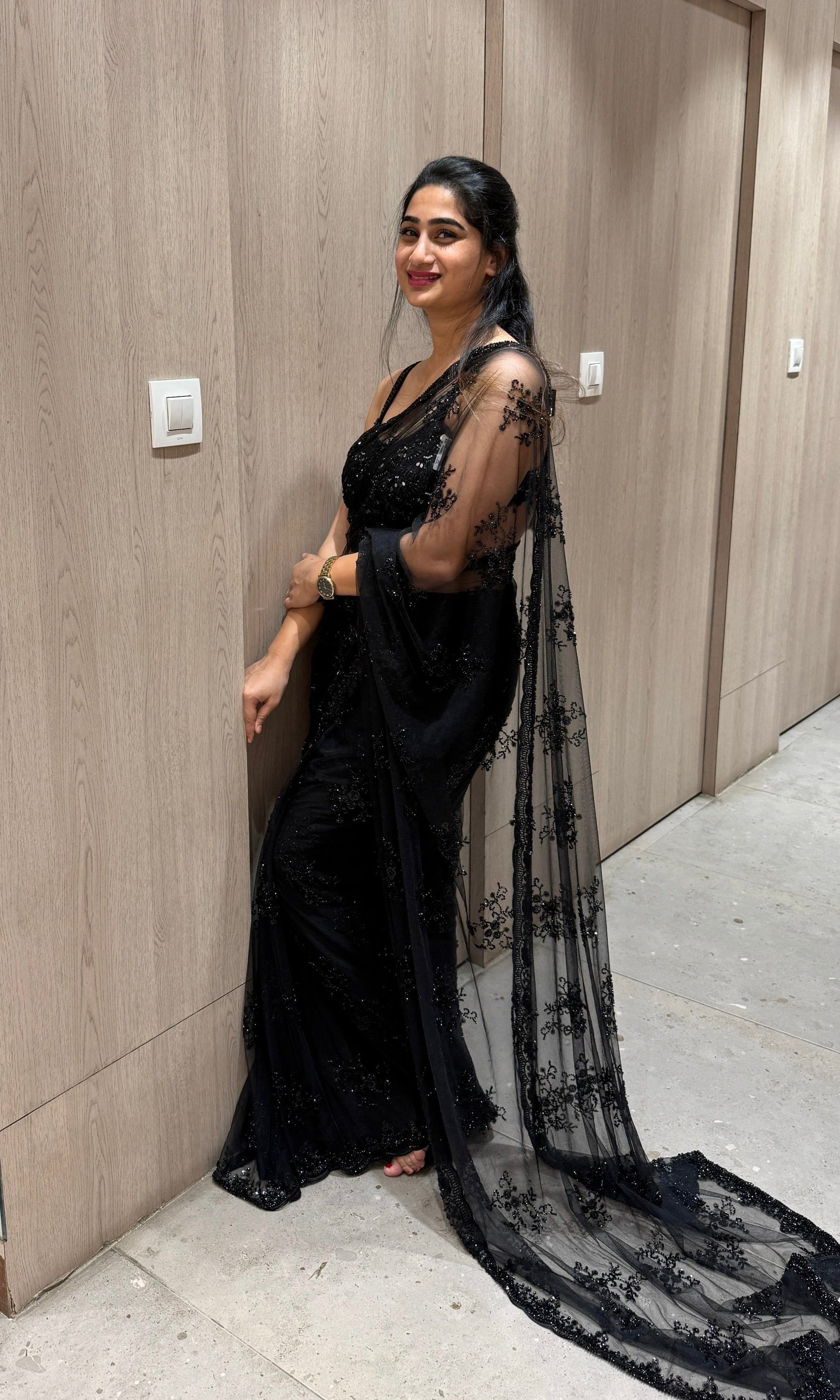 BLACK Embellished Saree WITH READY BLOUSE