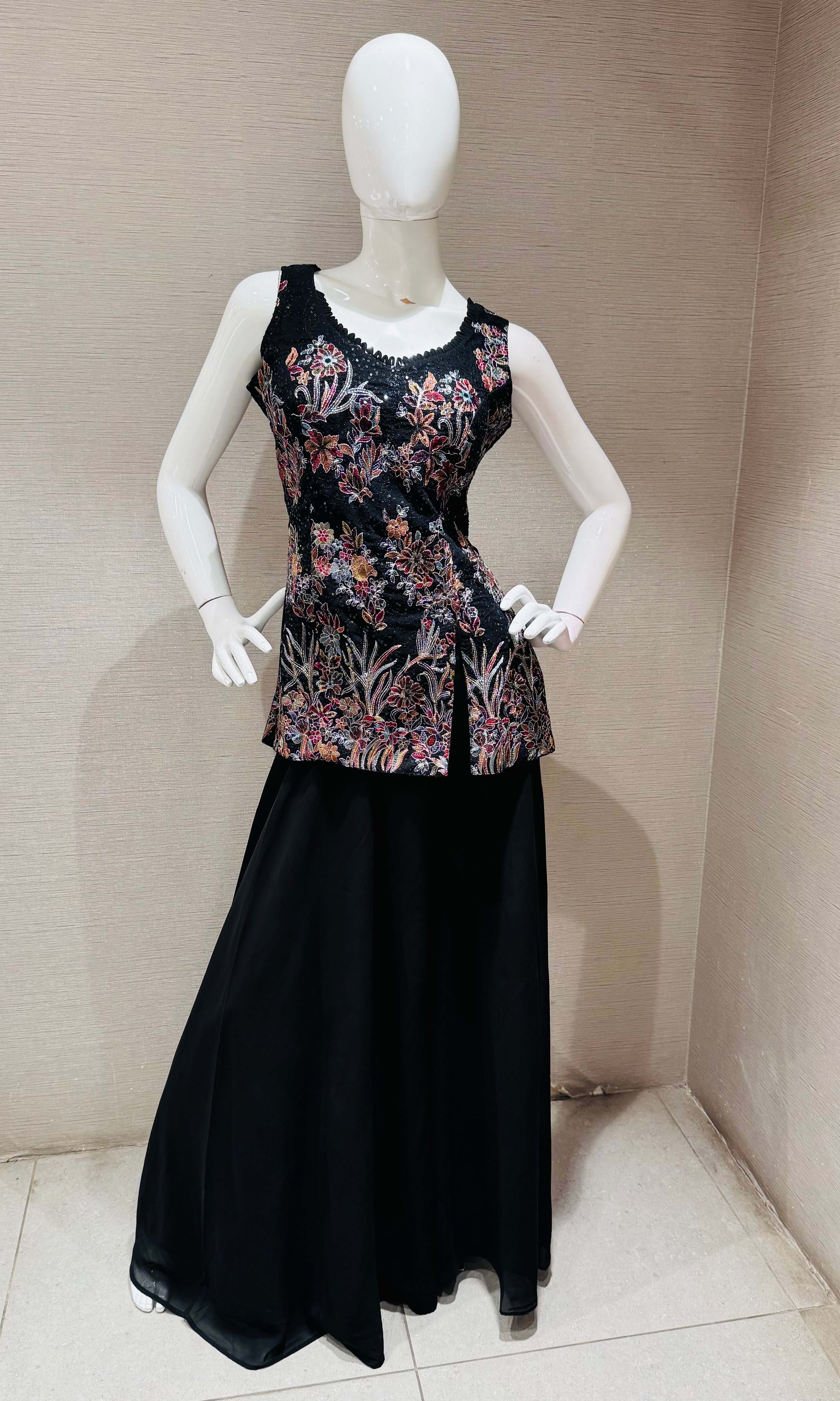 Black embroidered floral sharara set