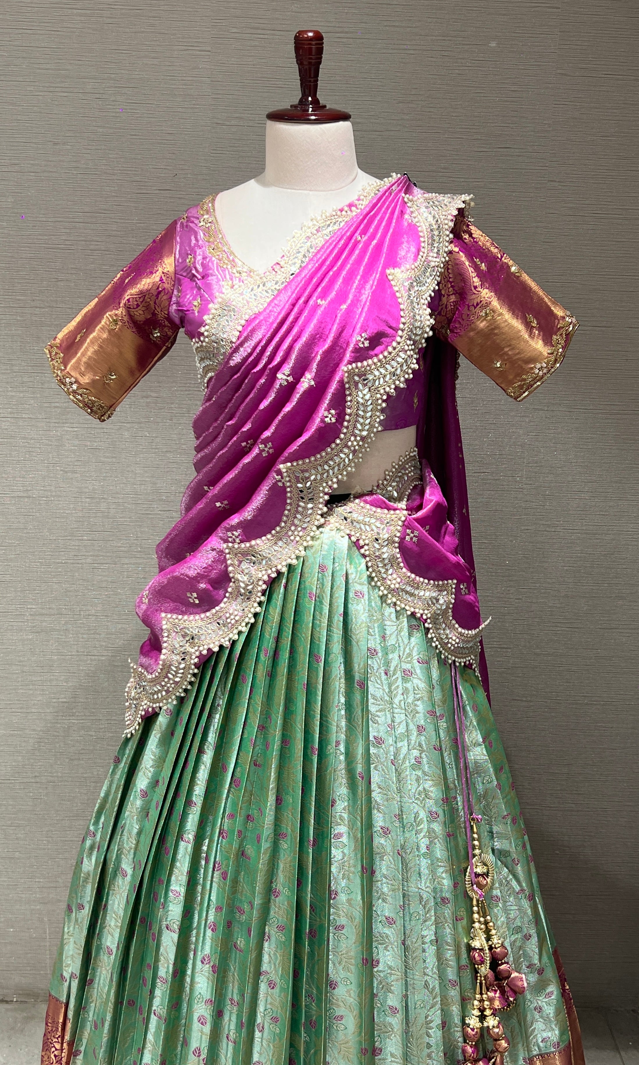 PINK Banarasi LEHENGA with Mint Floral Weave
