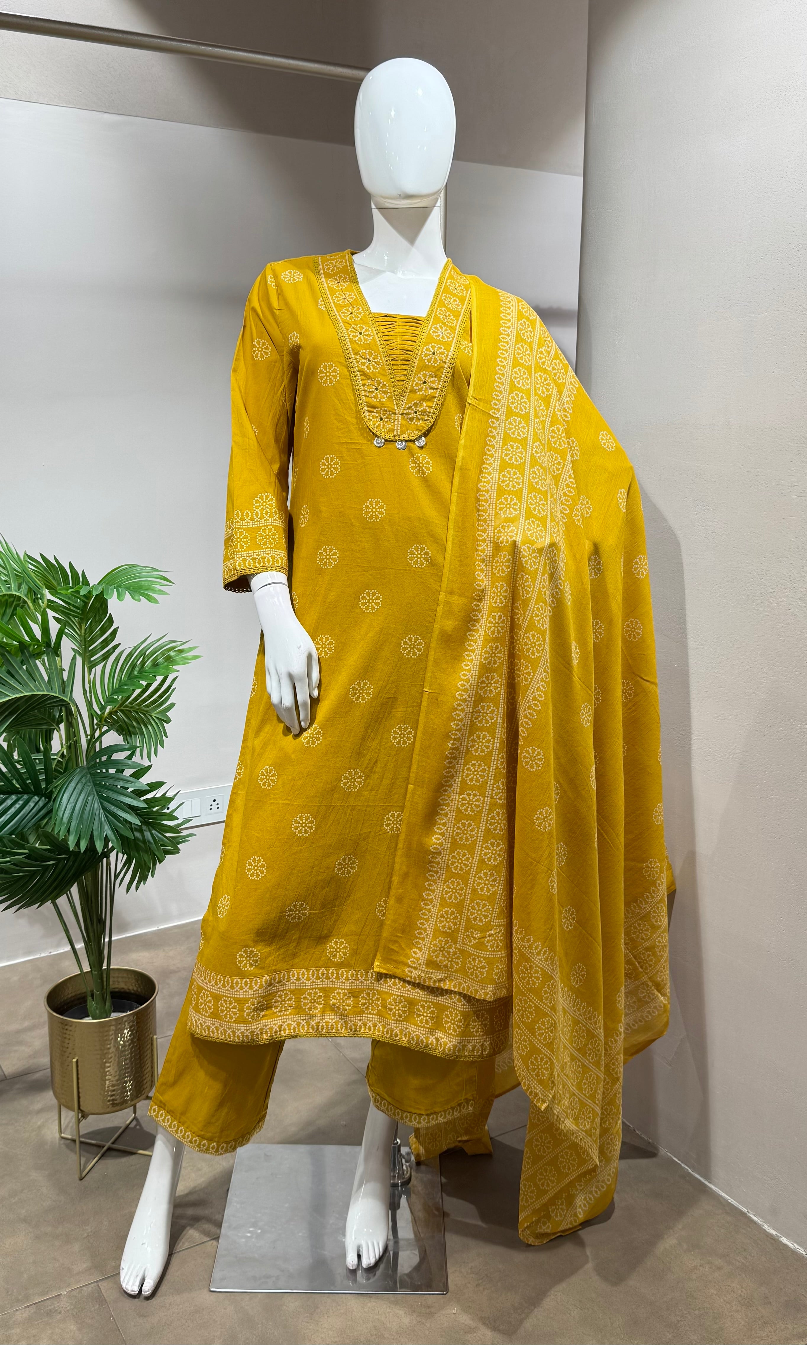 mustard yellow embroidered kurta set
