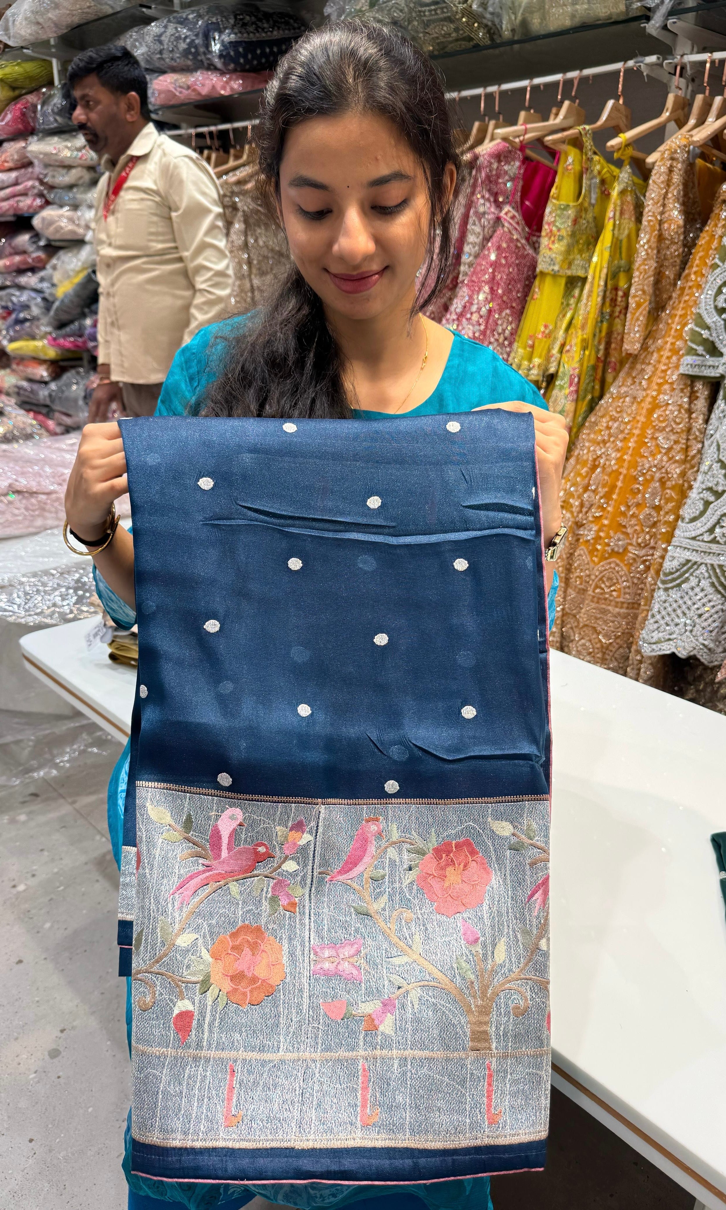 Blue soft tissue saree with paithani embroidery with buta work