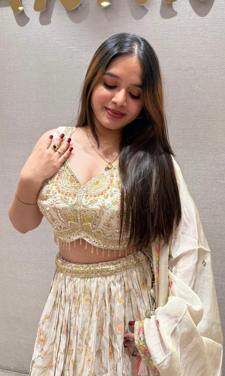 Pearl white lehenga with gold embroidered