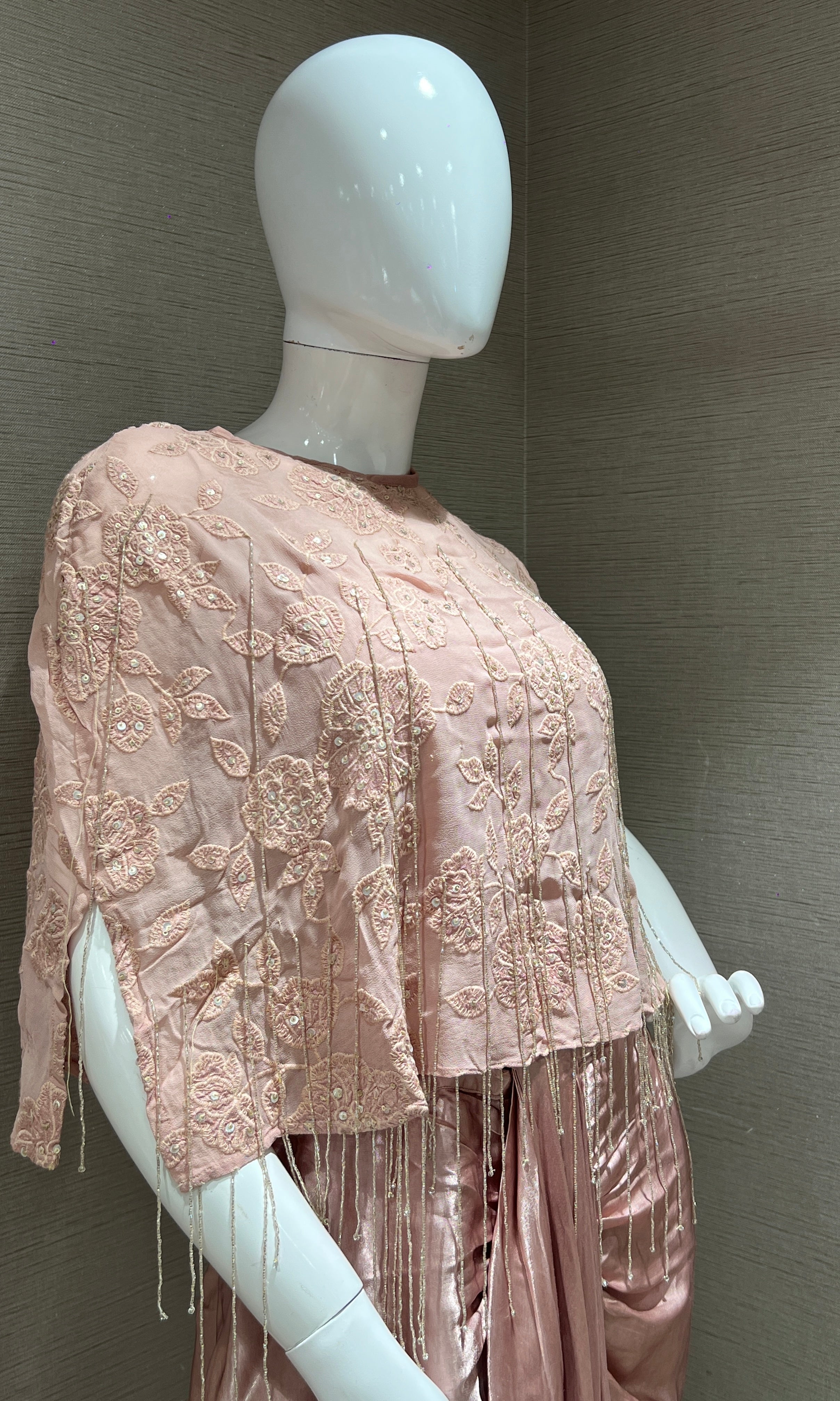 Blush Pink Cape with Draped Satin Dhoti Skirt Indo western