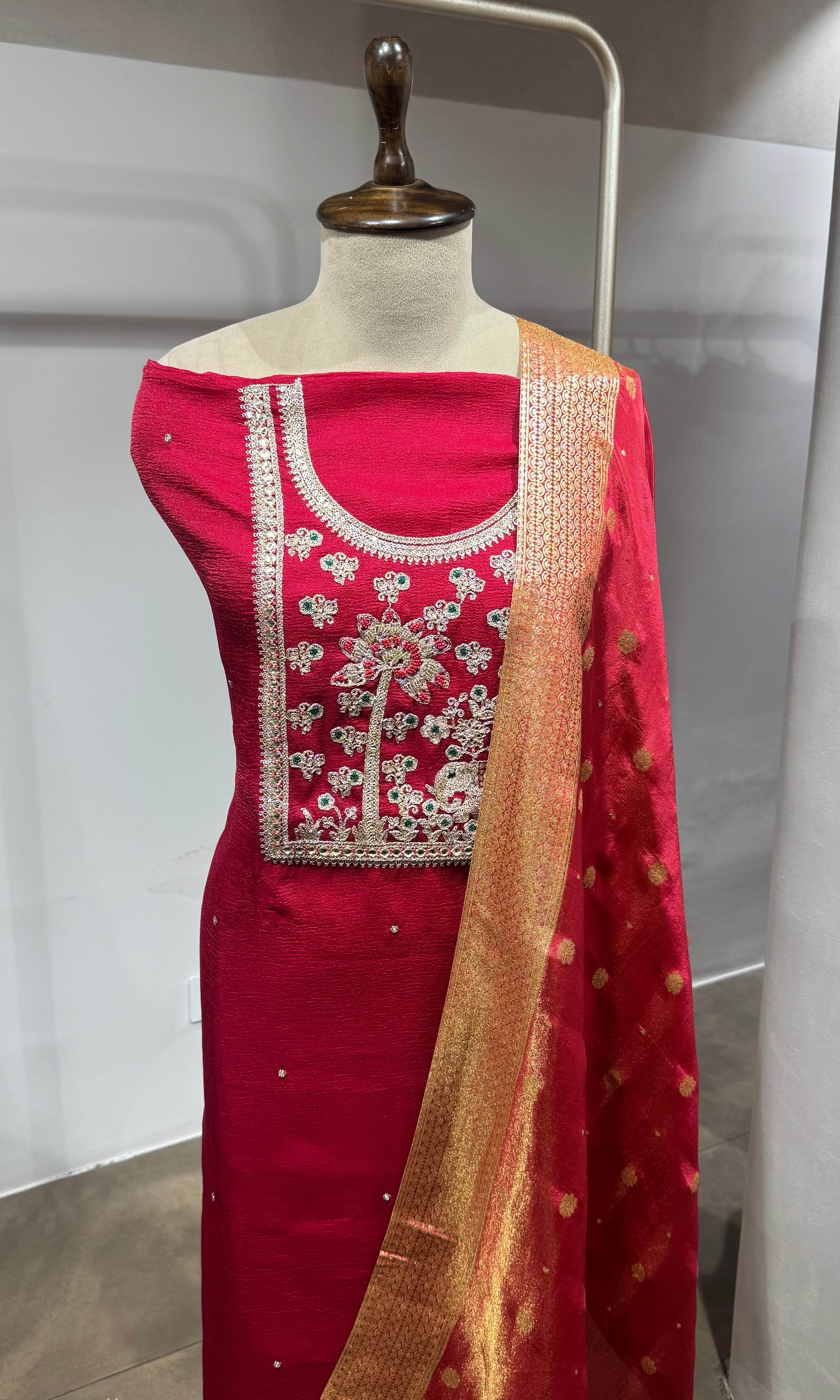Red ETHINC DRESS MATERIAL WITH BANARASI DUPATTA