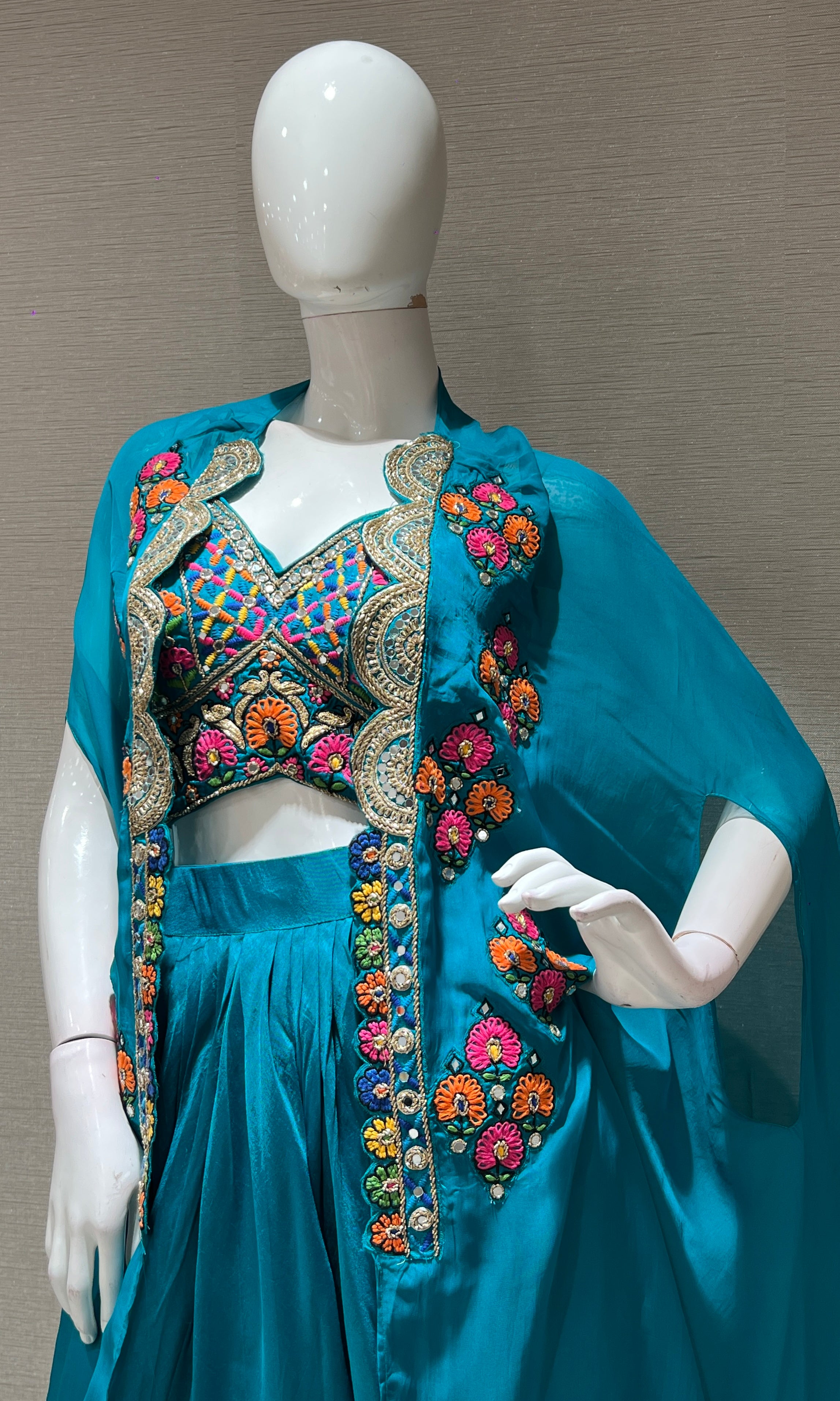 Rama blue SKIRT WITH FLORAL BLOUSE AND CAPE
