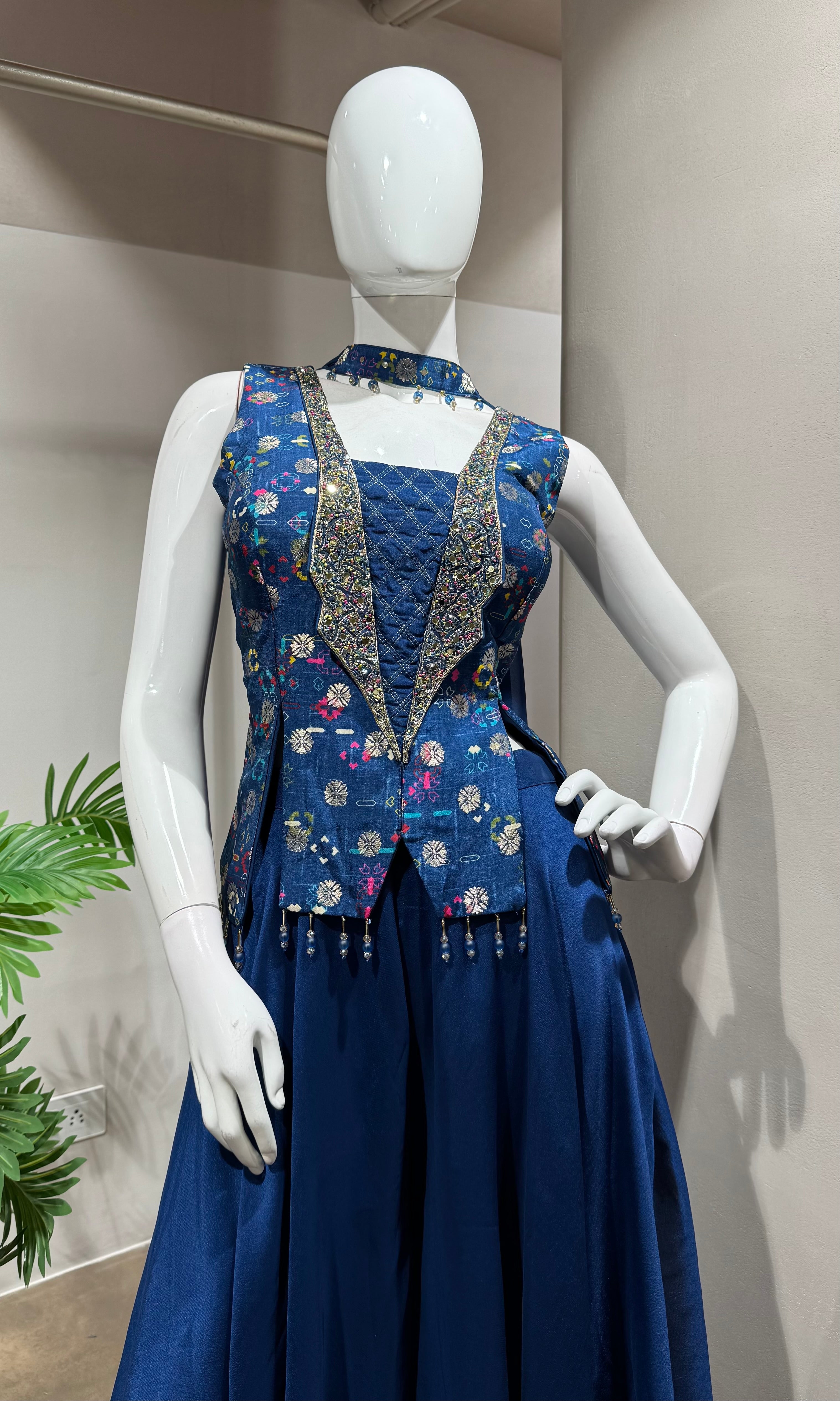 BLUE Embellished Jacket Style PALAZZO SET