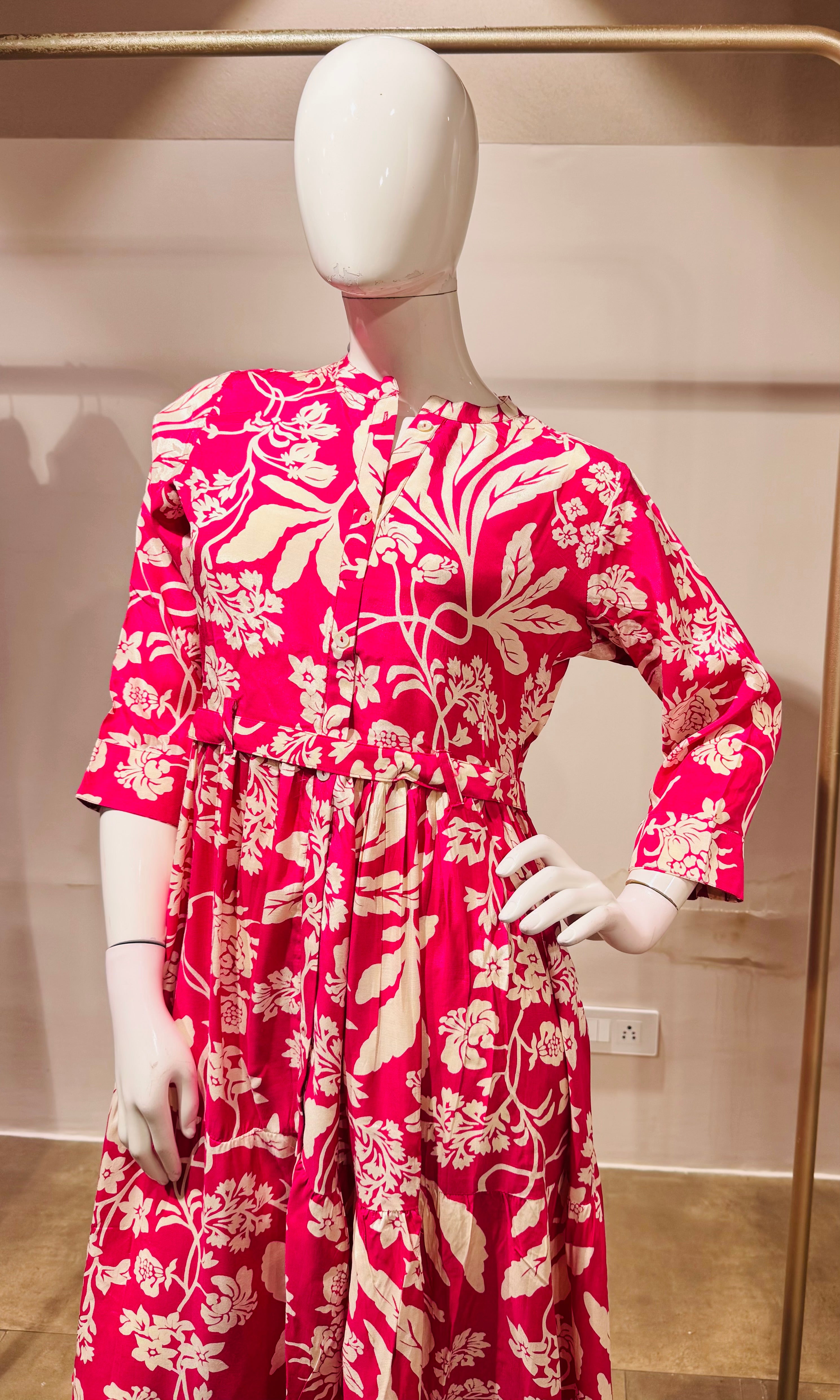 pink and white floral print Frock