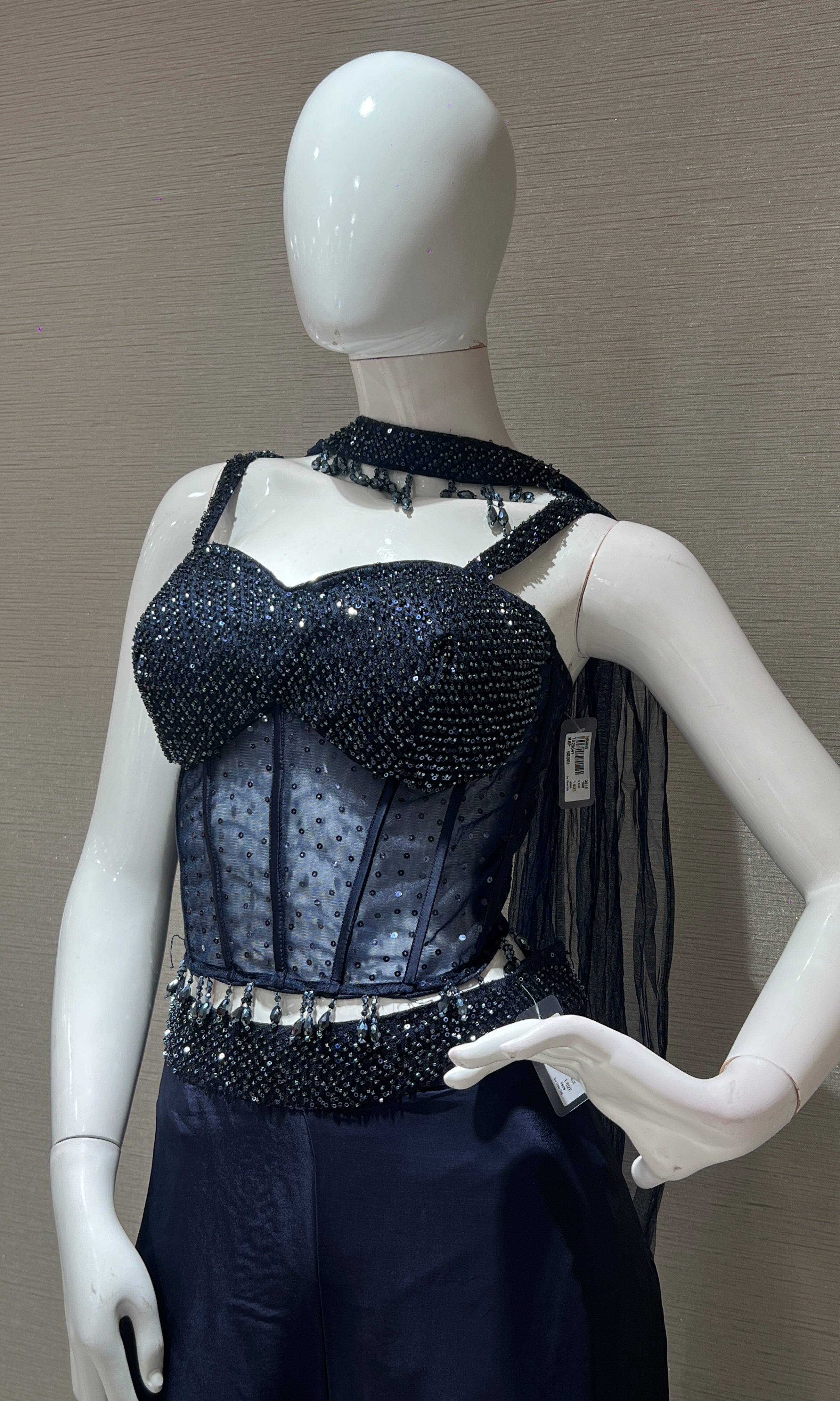 blue embellished corset and pleated palazzo set