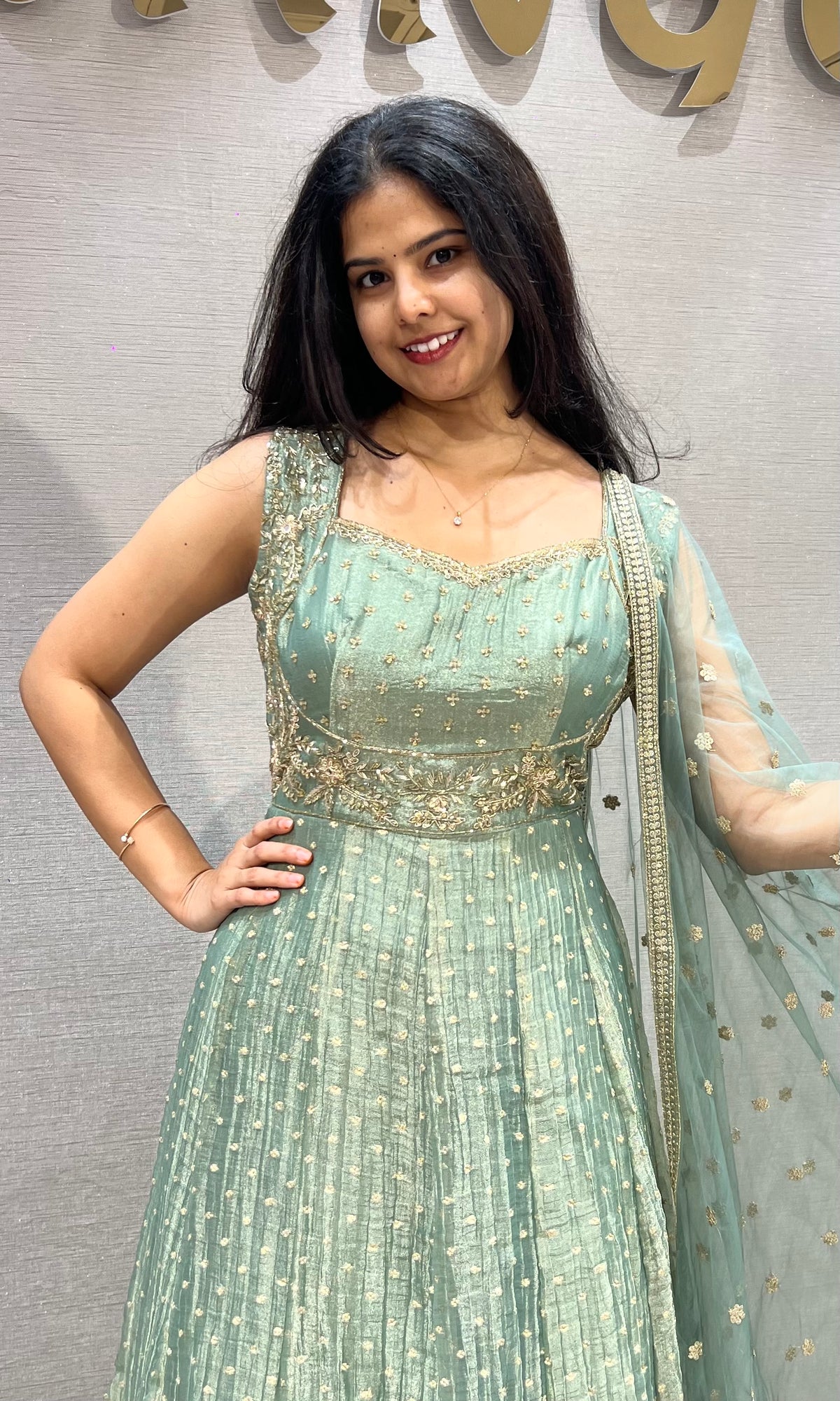 Mint Green shimmer Anarkali with Sheer Dupatta