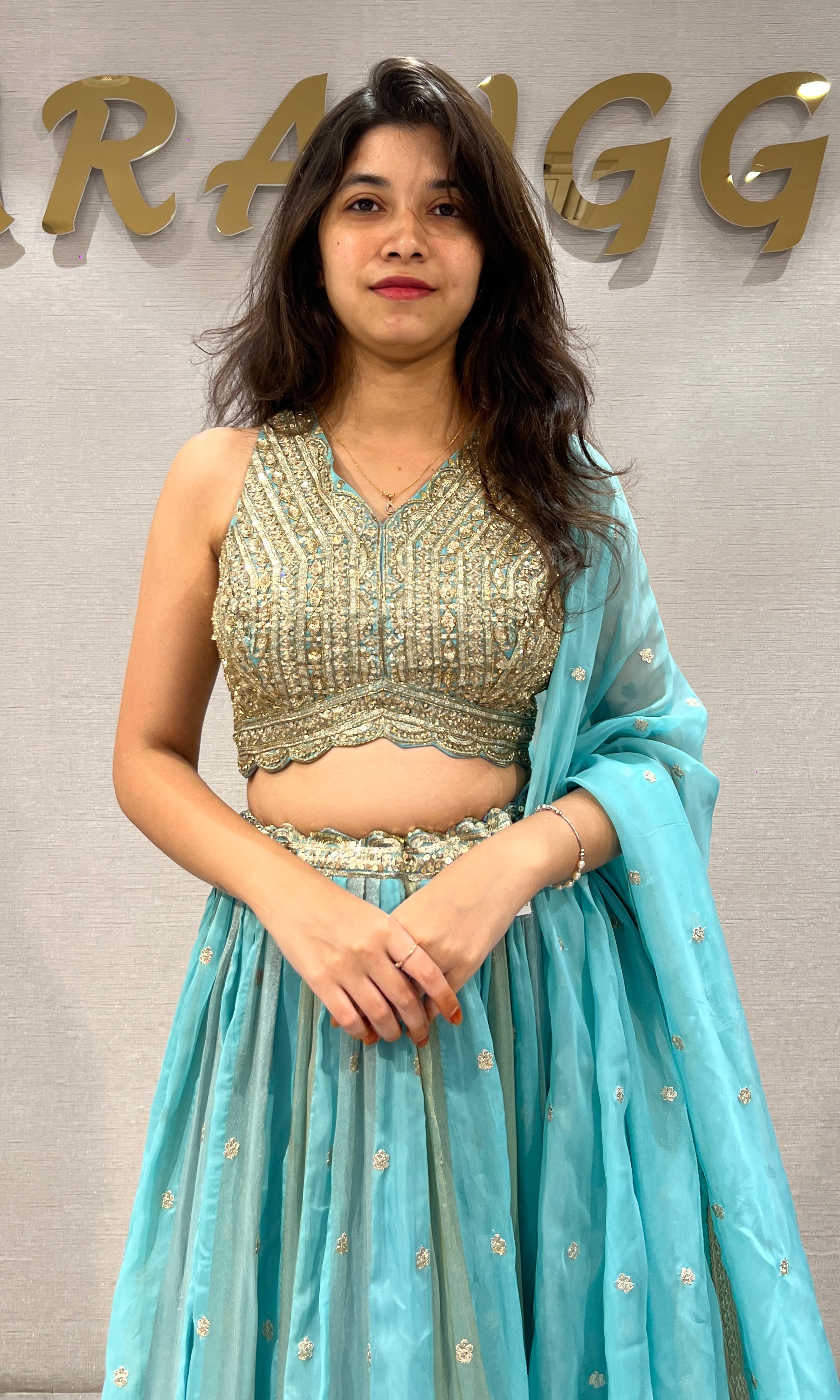 Sea Blue & Metallic Gold Embroidered Lehenga