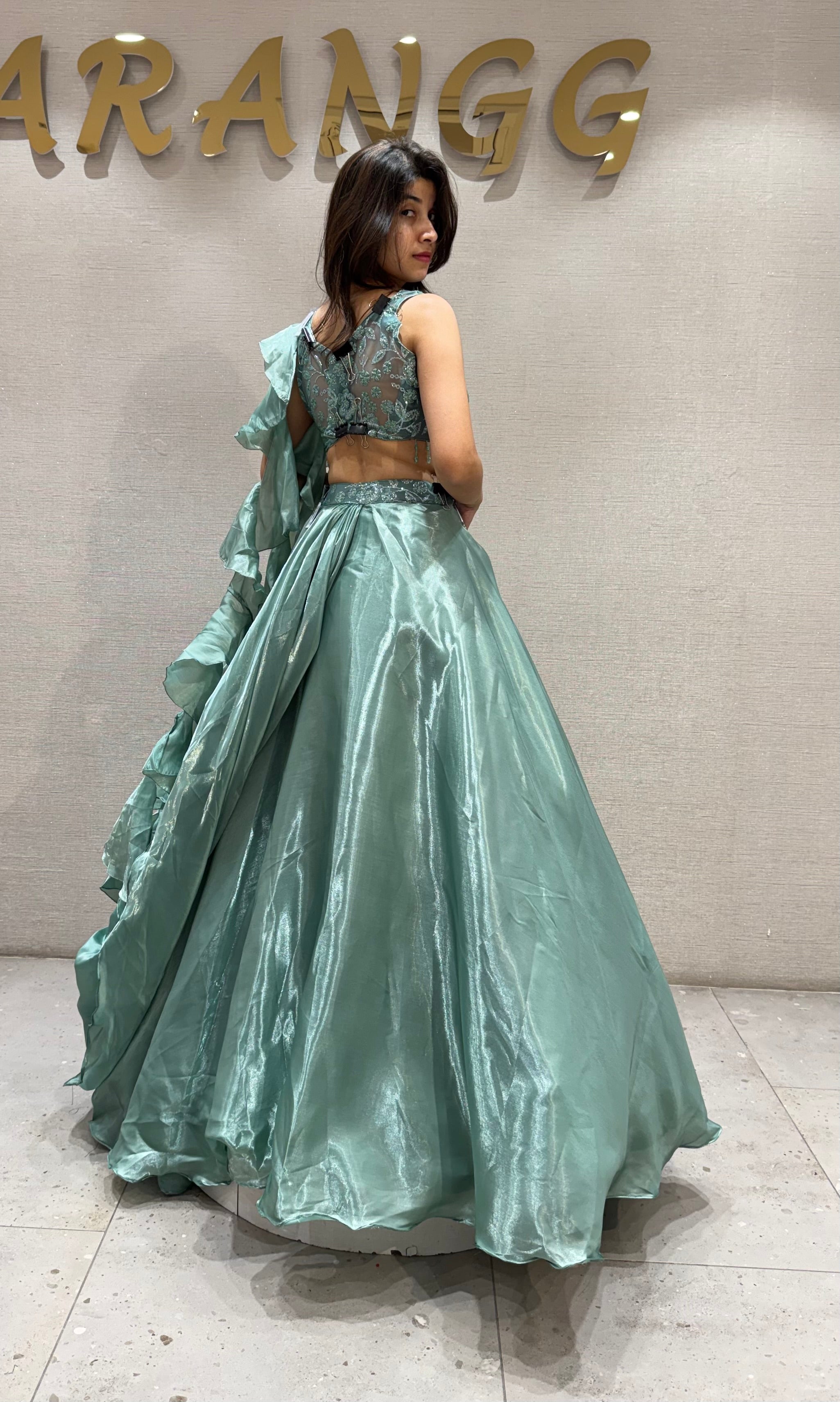 Sea Green Shimmering Organza Lehenga Set