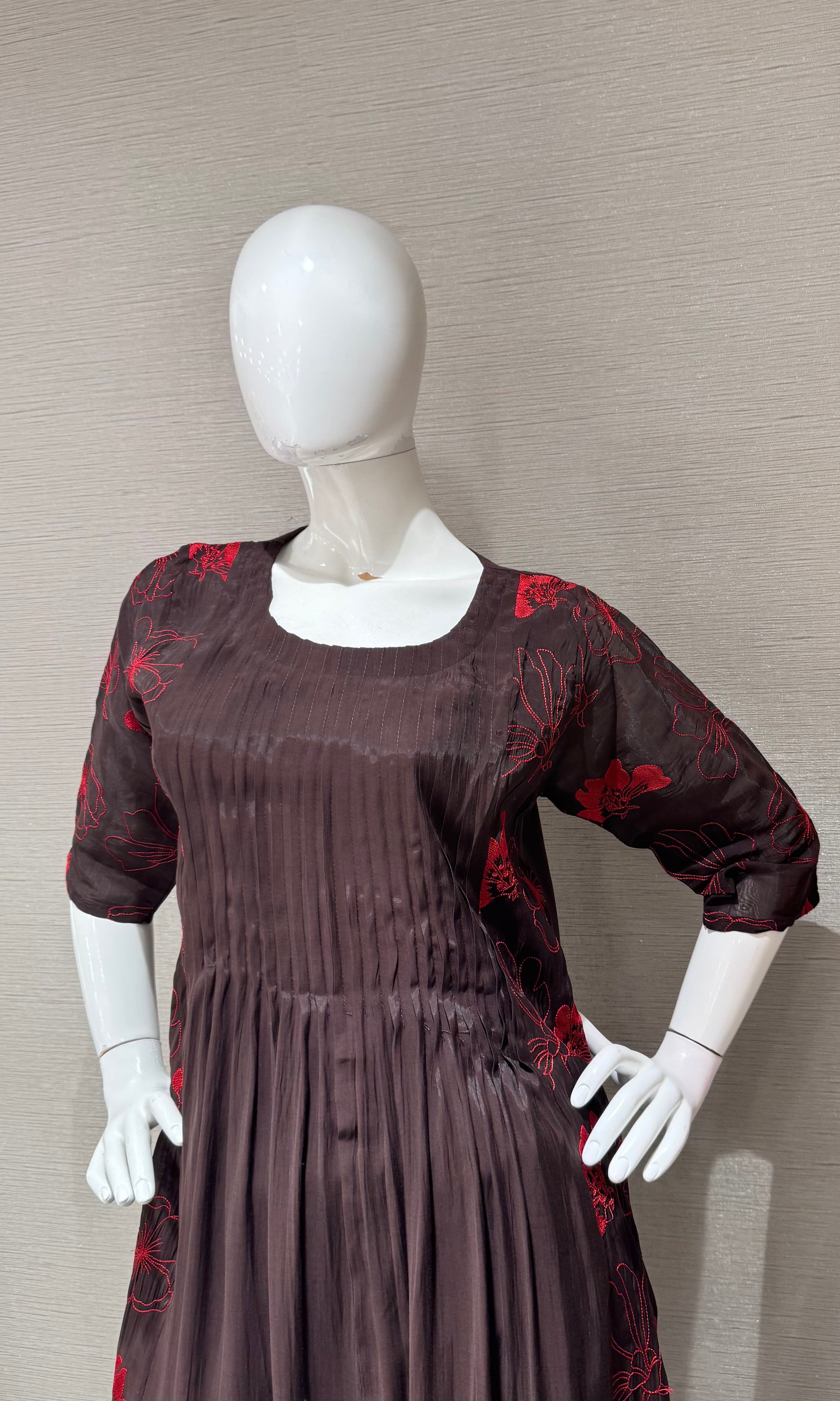 Deep Brown Floral Mul chanderi Kurta Set with Dupatta