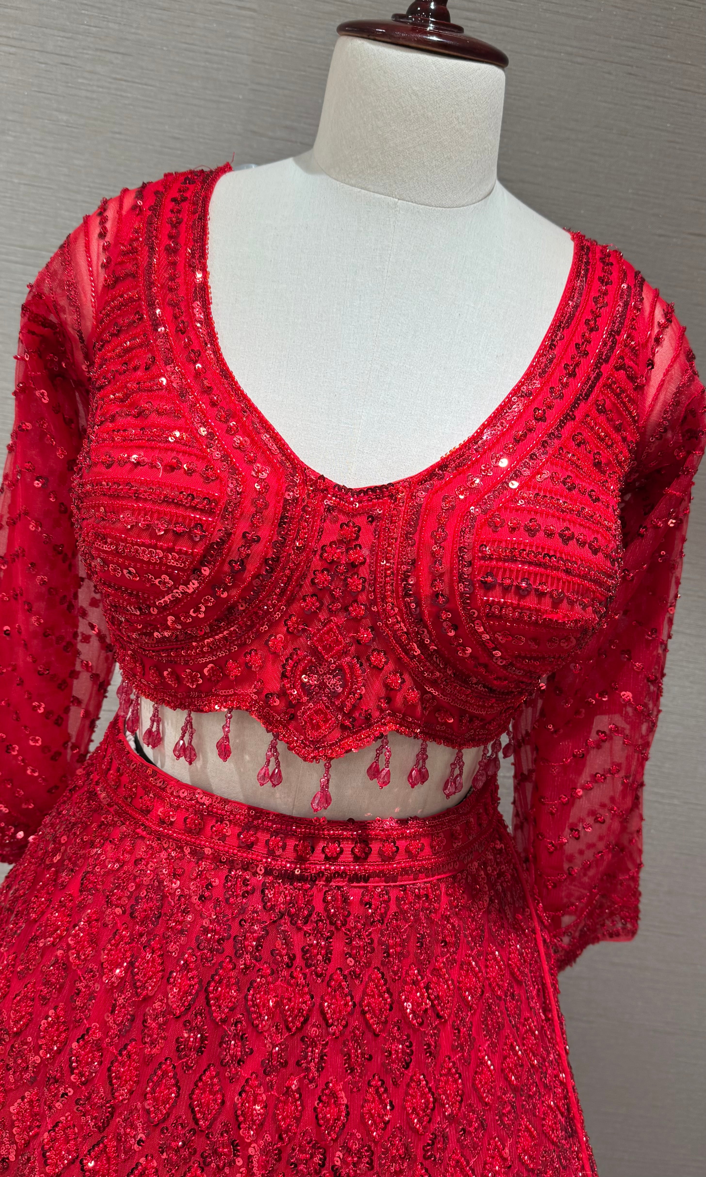 Ruby Red Embellished Lehenga Choli with Sequin Net Dupatta