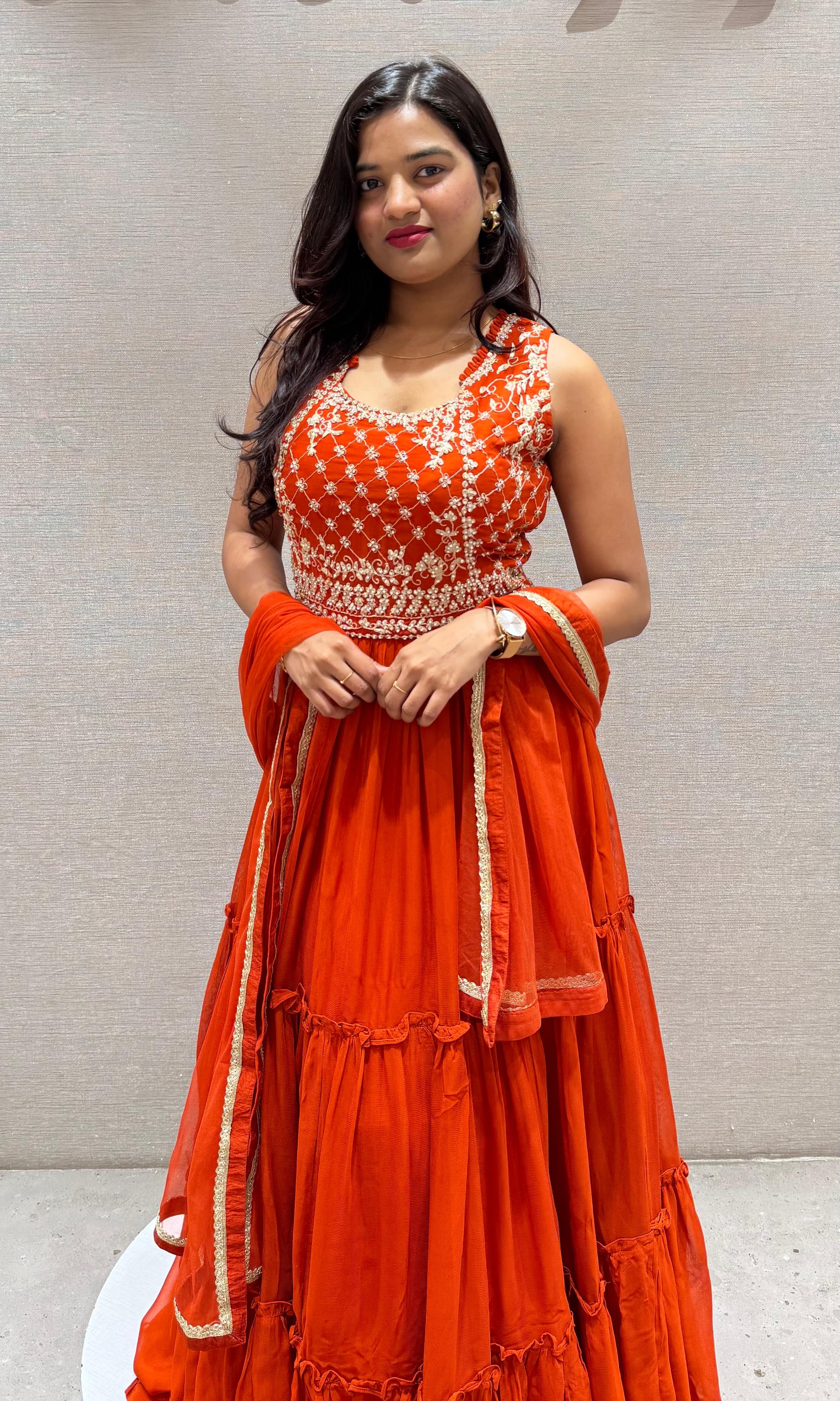 Orange RUFFLE ANARKALI LONG dress