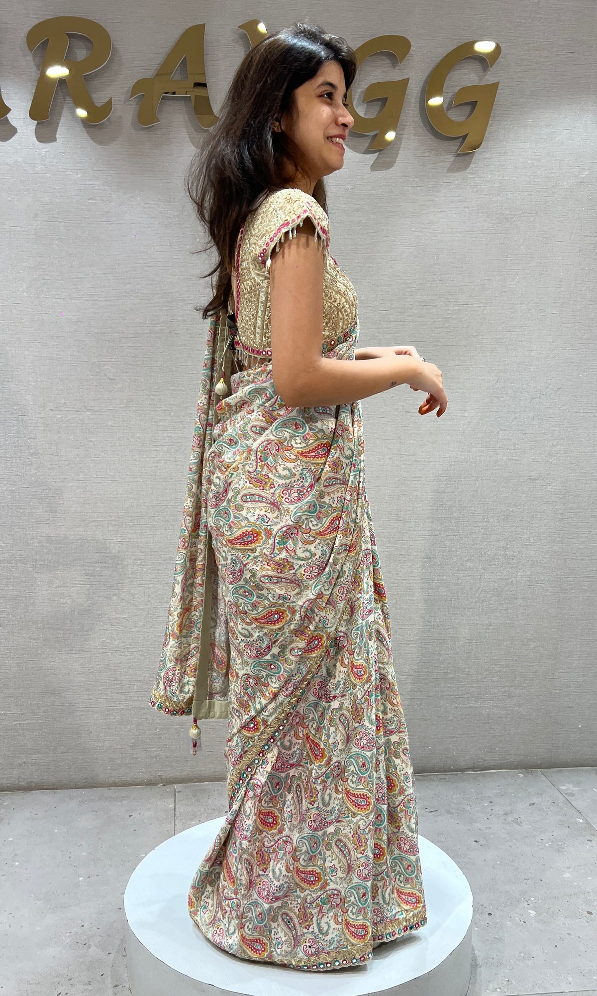 Green multicolor printed designer saree with embroidered blouse