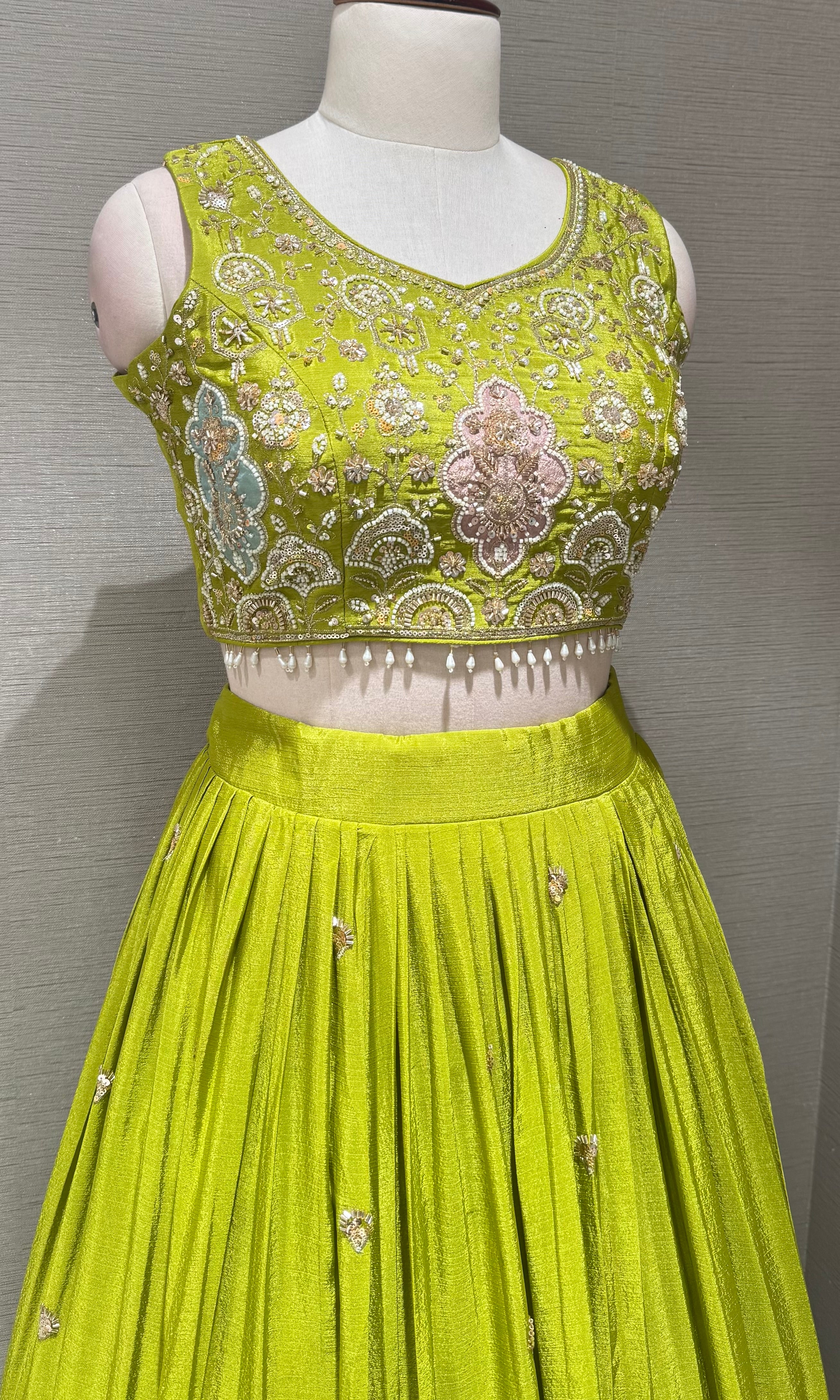 Lime Green Tissue silk Lehenga with Multi Floral border