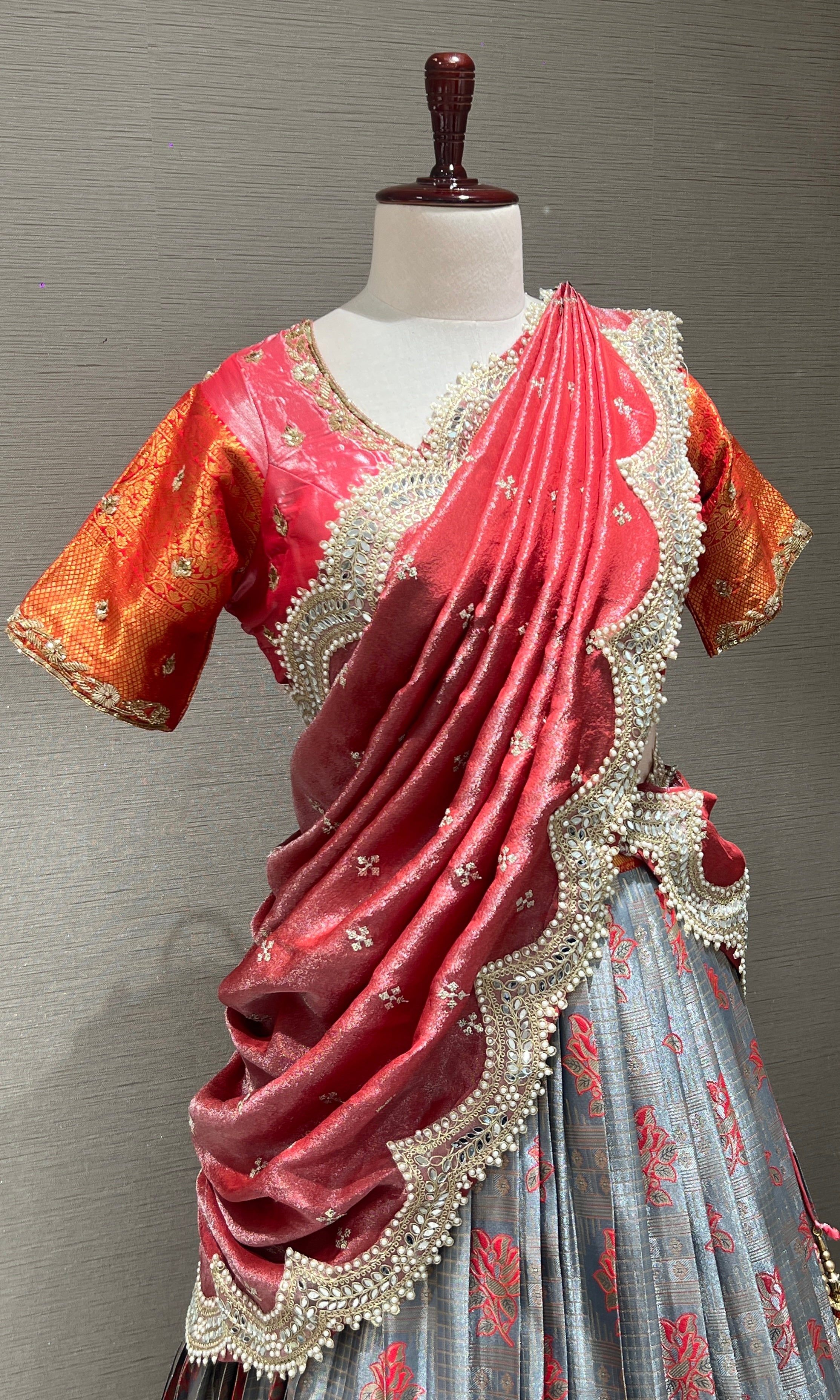 Rani pink AND Grey Floral lehenga