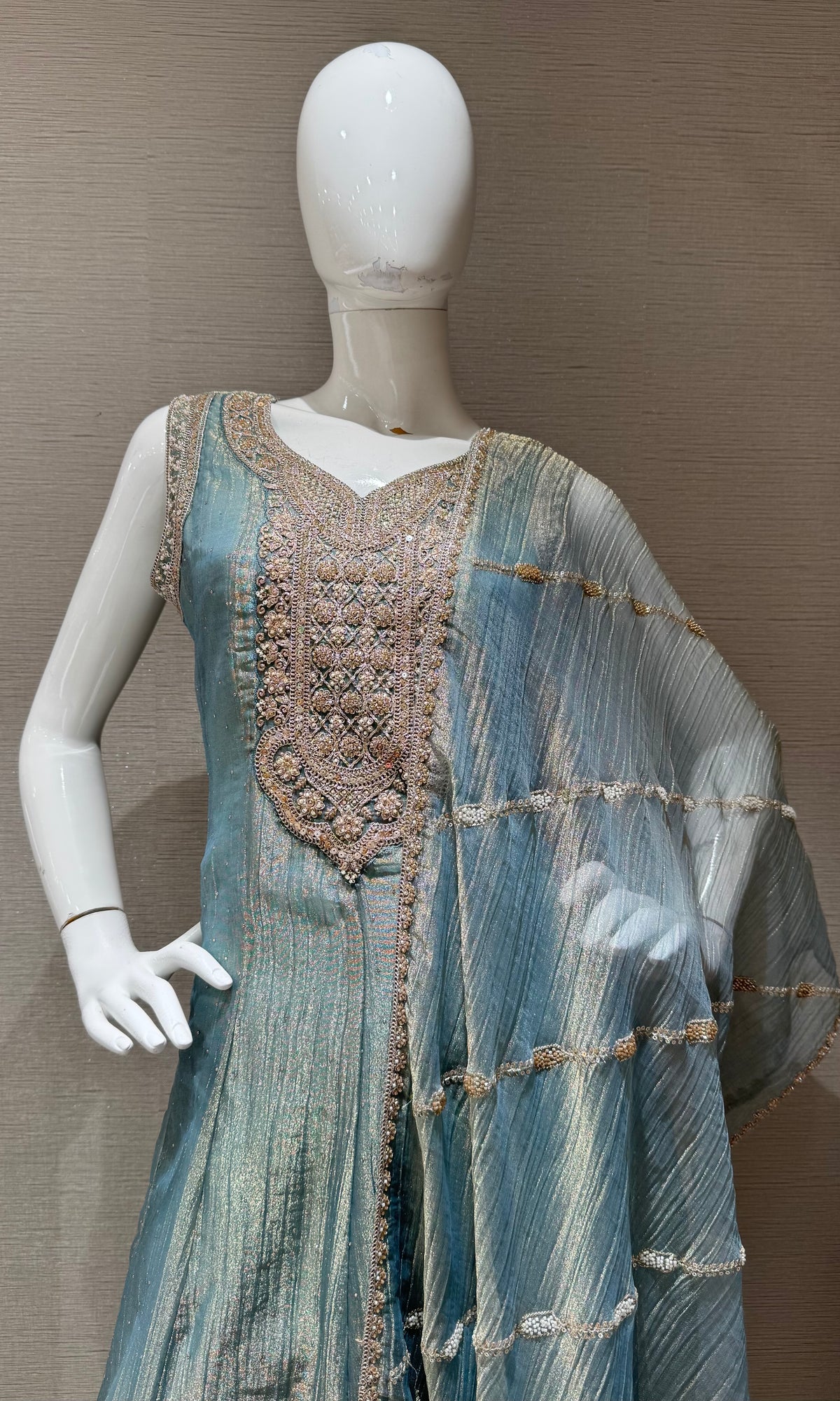 Sage Green Tissue silk Embroidered Kurta Set with Dupatta