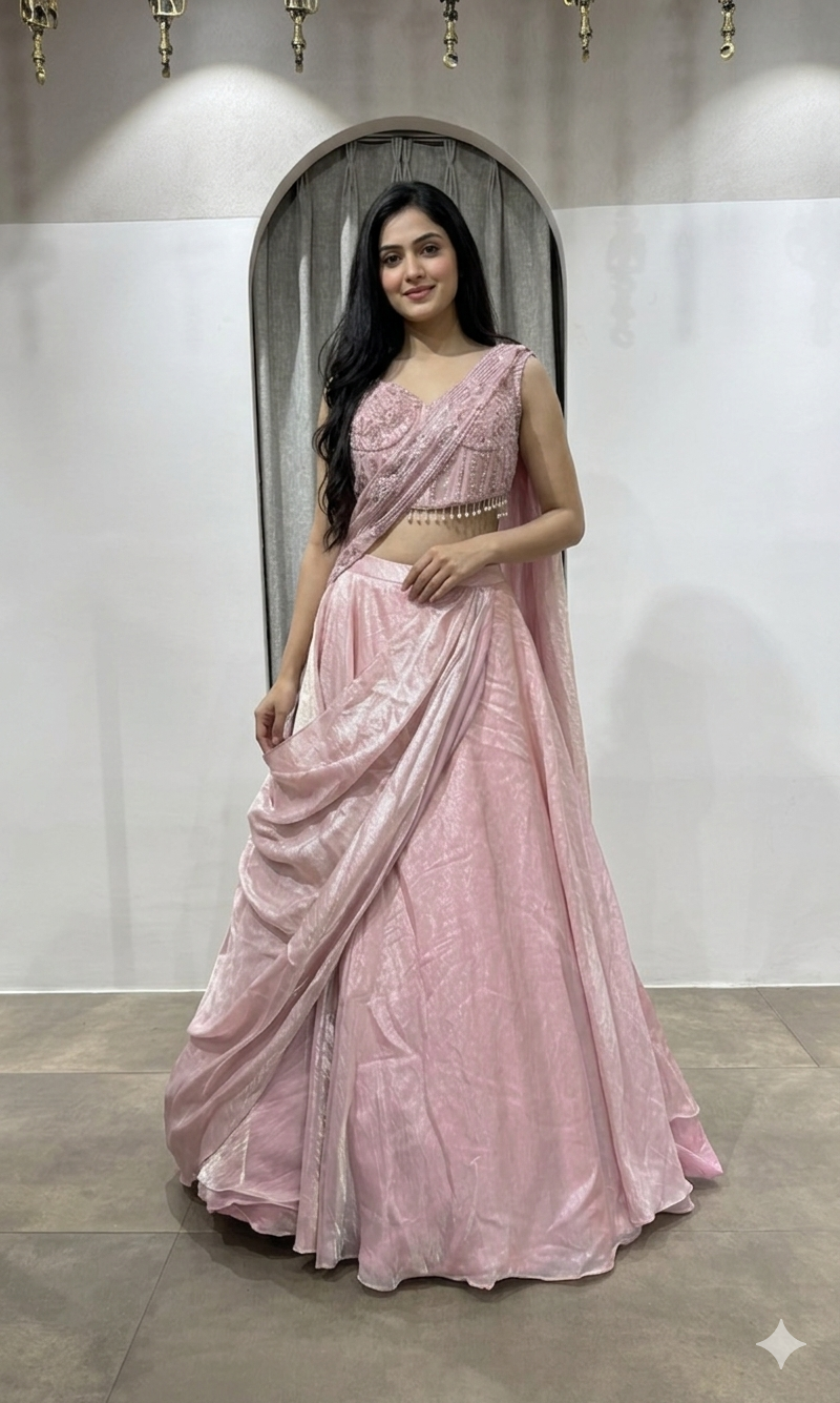 PEACH Pink LEHENGA WITH CORSET BLOUSE