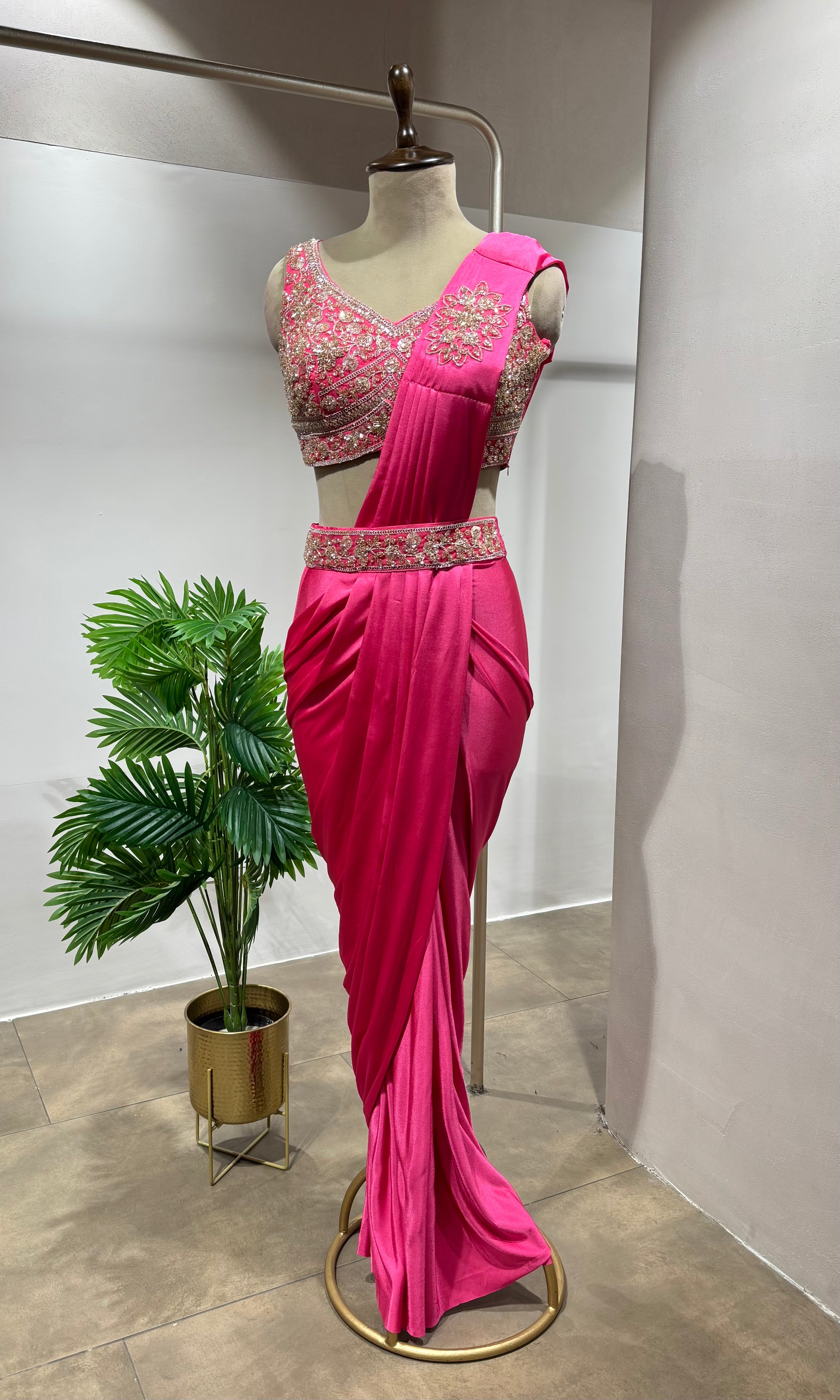 PINK DRAPE SAREE WITH EMBROIDERED BLOUSE & BELT