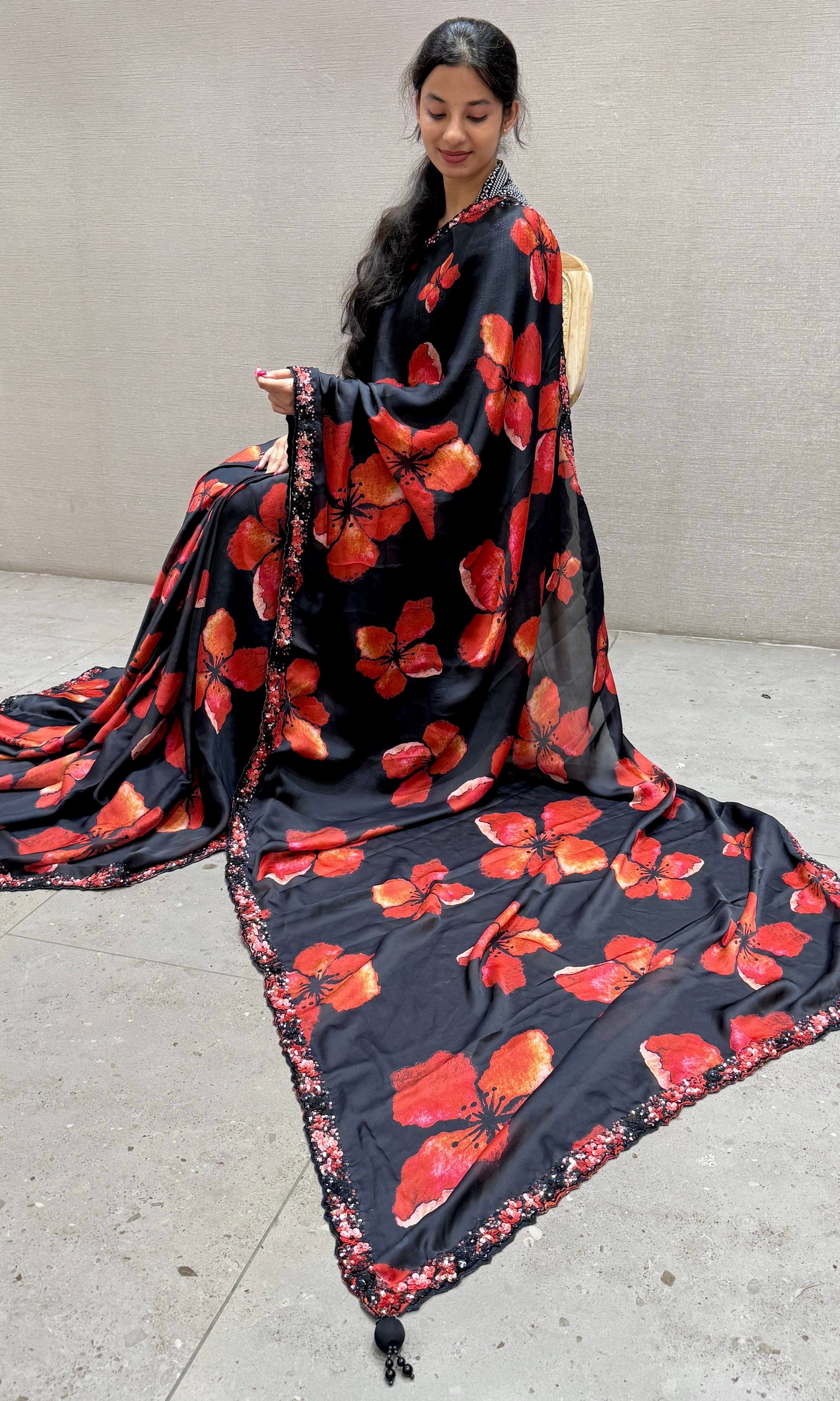 Black Floral Saree with ready blouse