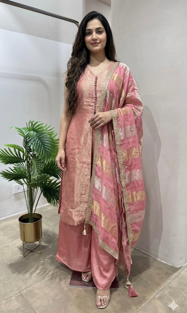 Peach and gold anarkali with palazzo pants