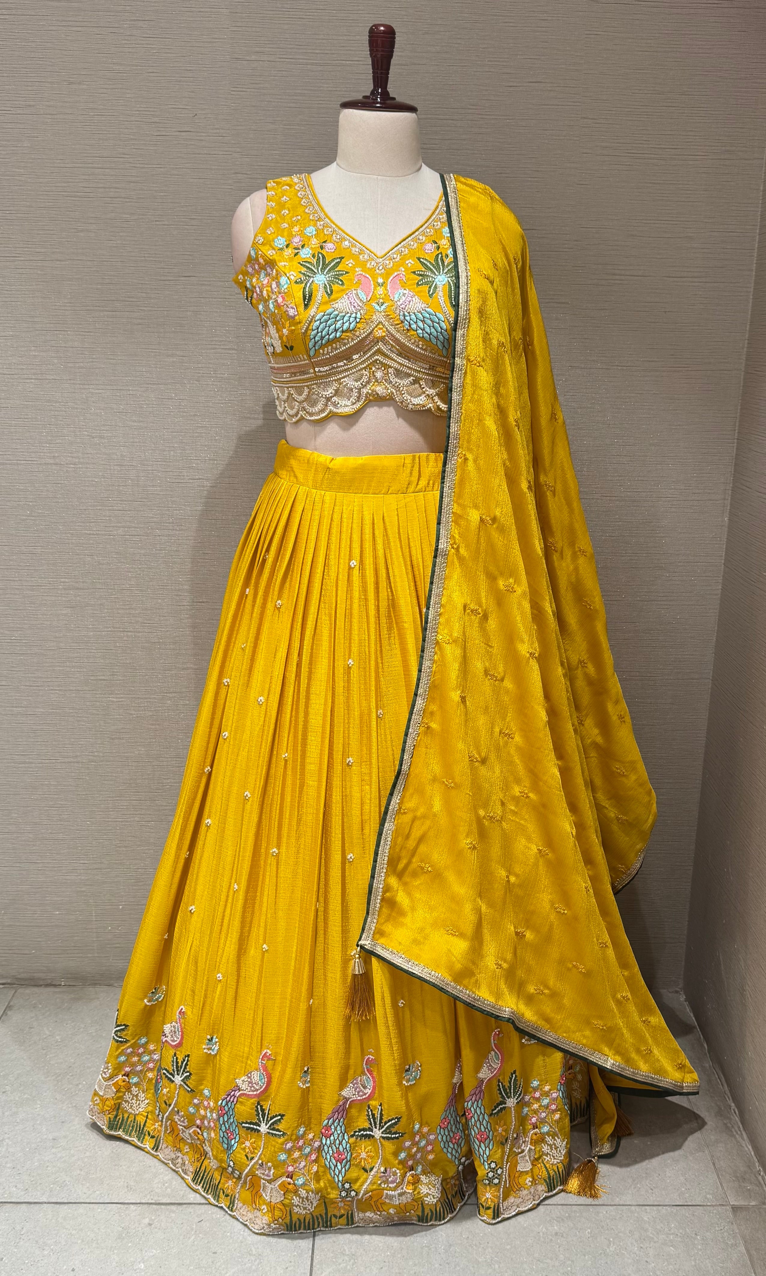 Yellow Tissue silk Lehenga with Peacock & Floral Embroidery