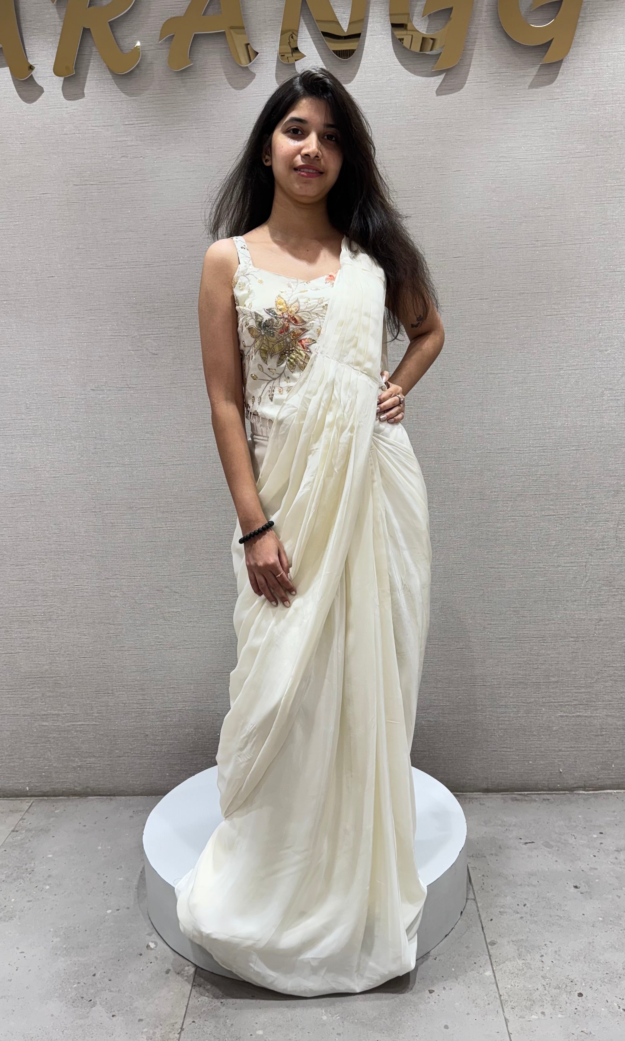 Cream drape saree WITH FLORAL BLOUSE