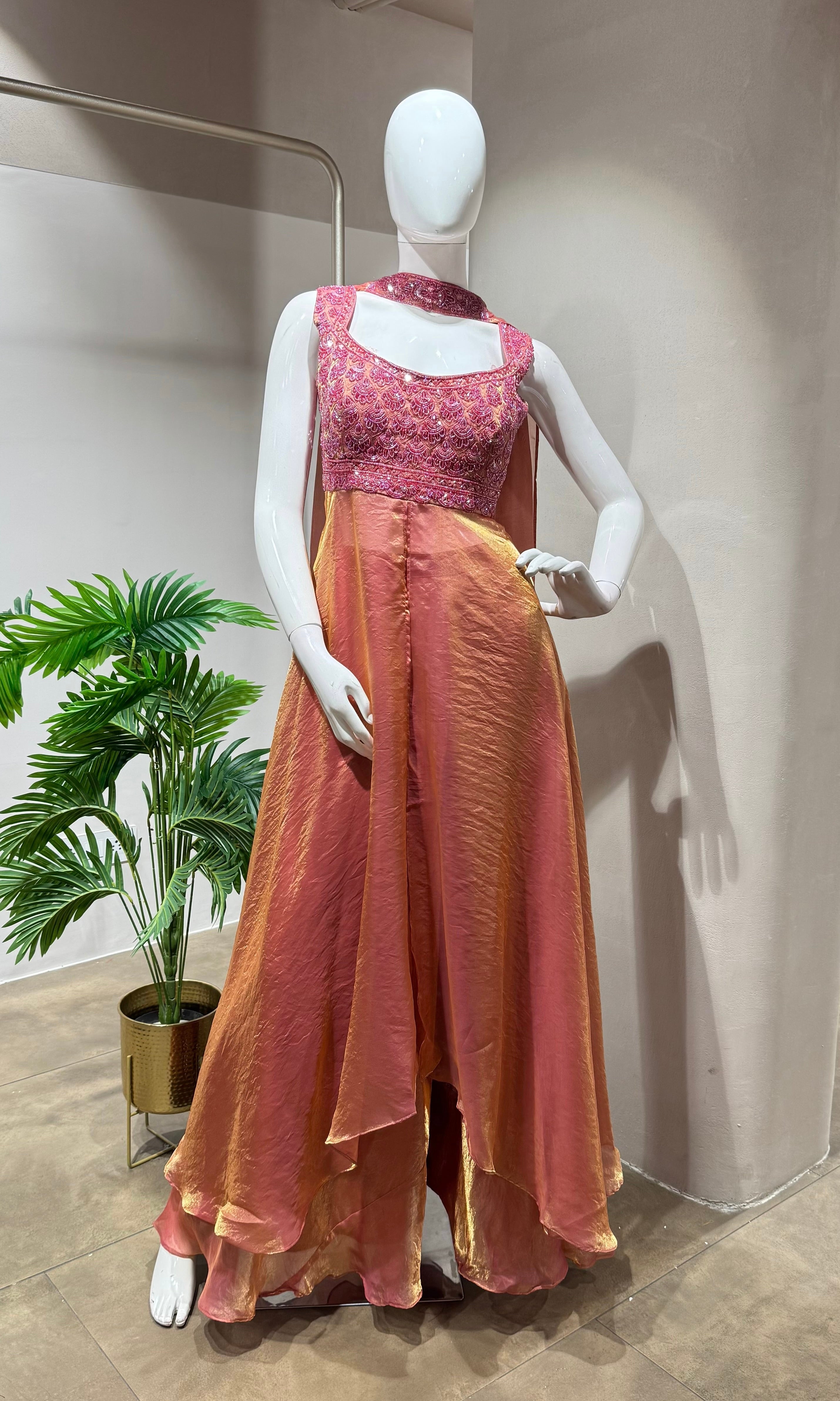 PINK A LINE SHIMMER TISSUE PALAZZO SET