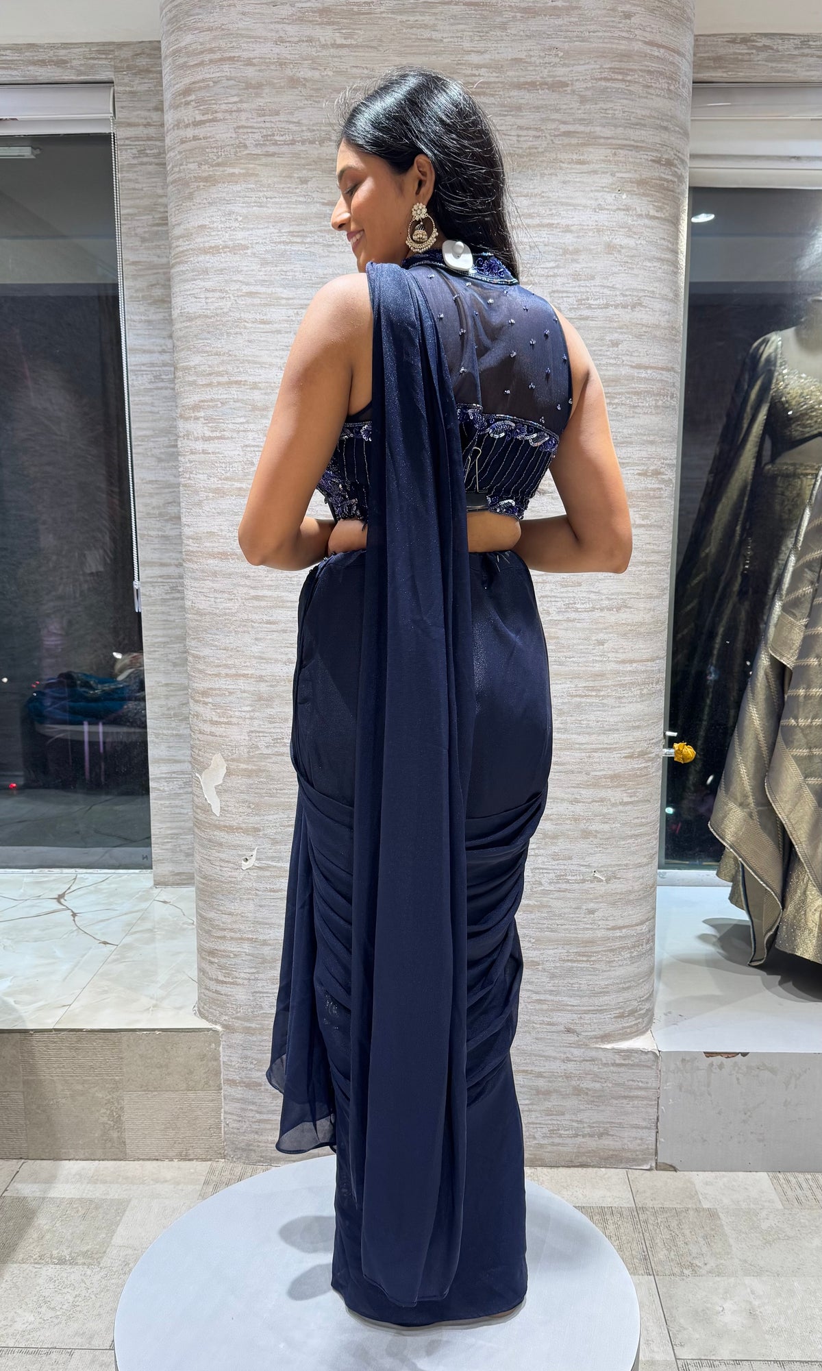 Blue Cocktail Ruffle drape Saree with embroidery halter blouse