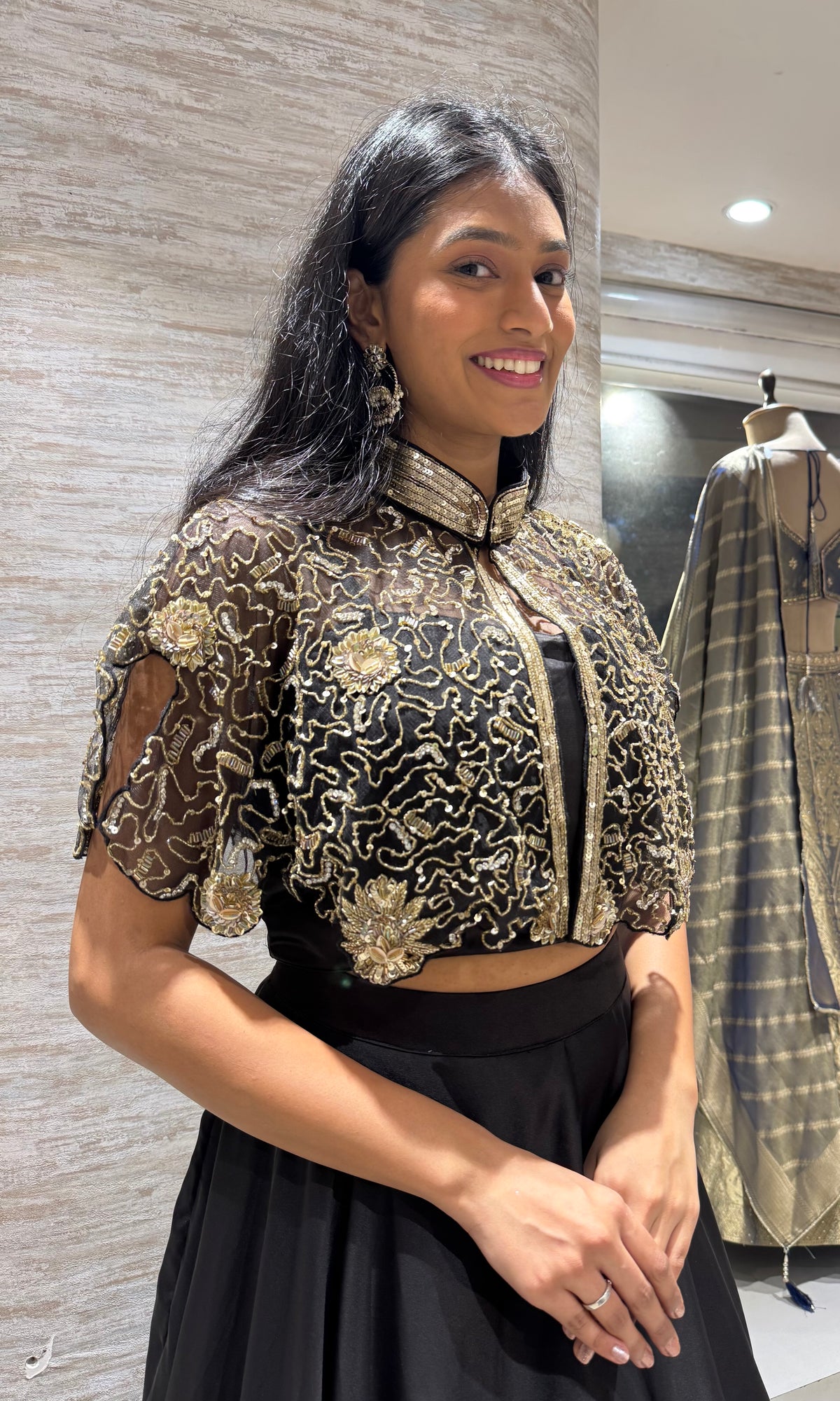 Black Regal Noir Brocade Crop Top and Silk Lehenga Set